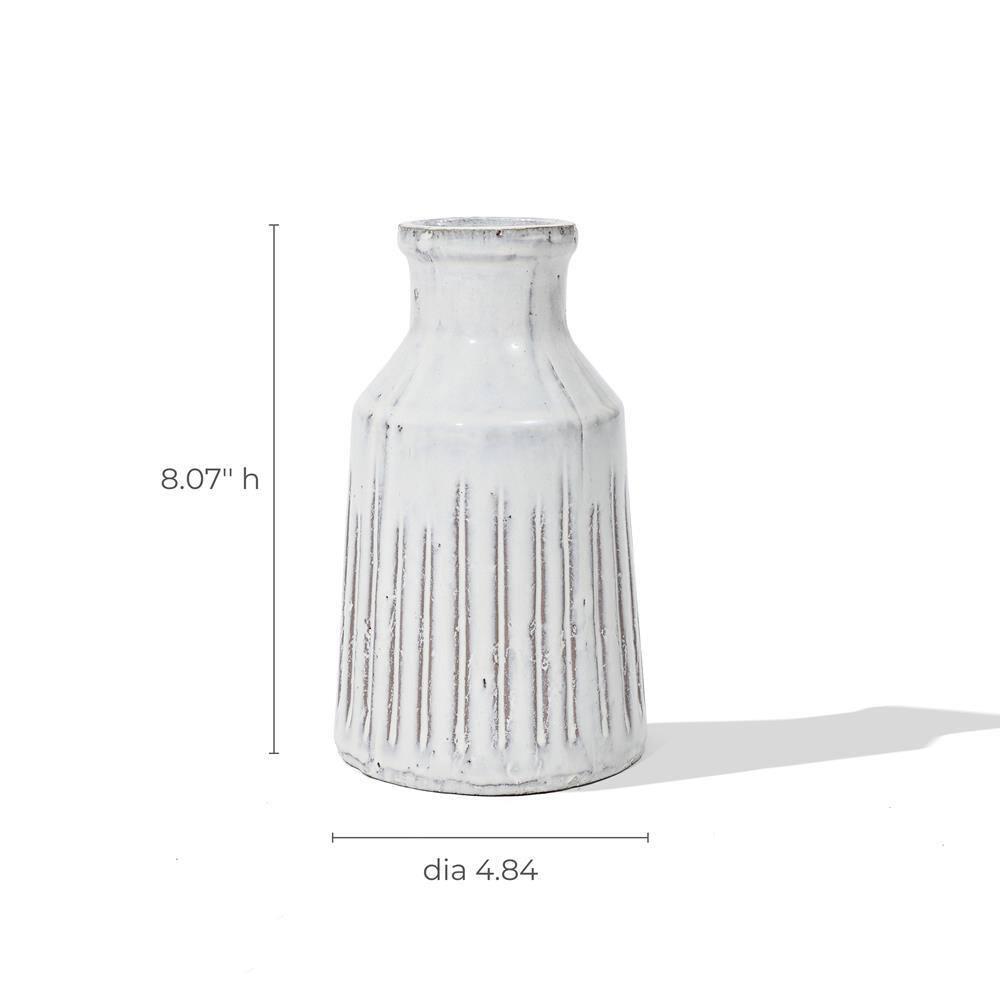LuxenHome Vintage White Ribbed Terracotta Round Vase