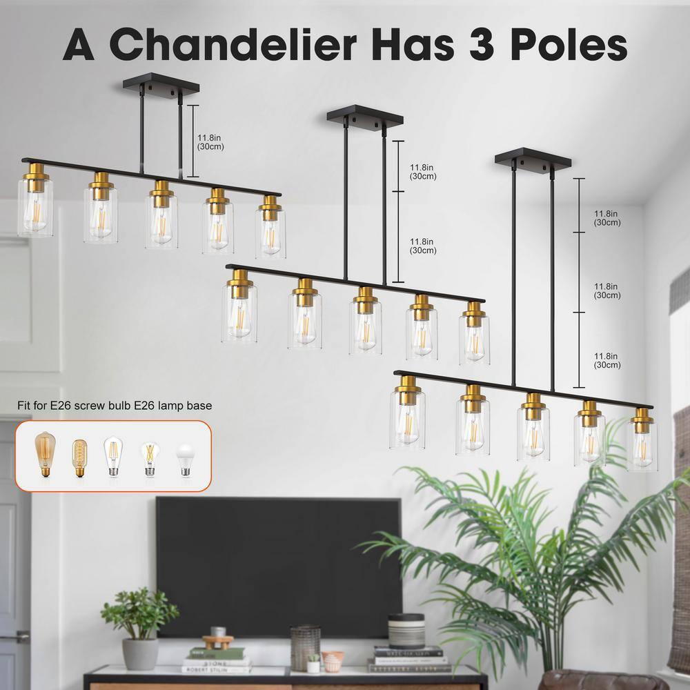 Island Light for Kitchen, 5 Lights Dining Room Lights Fixture with Clear Glass Shade, Matte Black and Gold Finish Pendant Lighting Over Table - ETL Listed