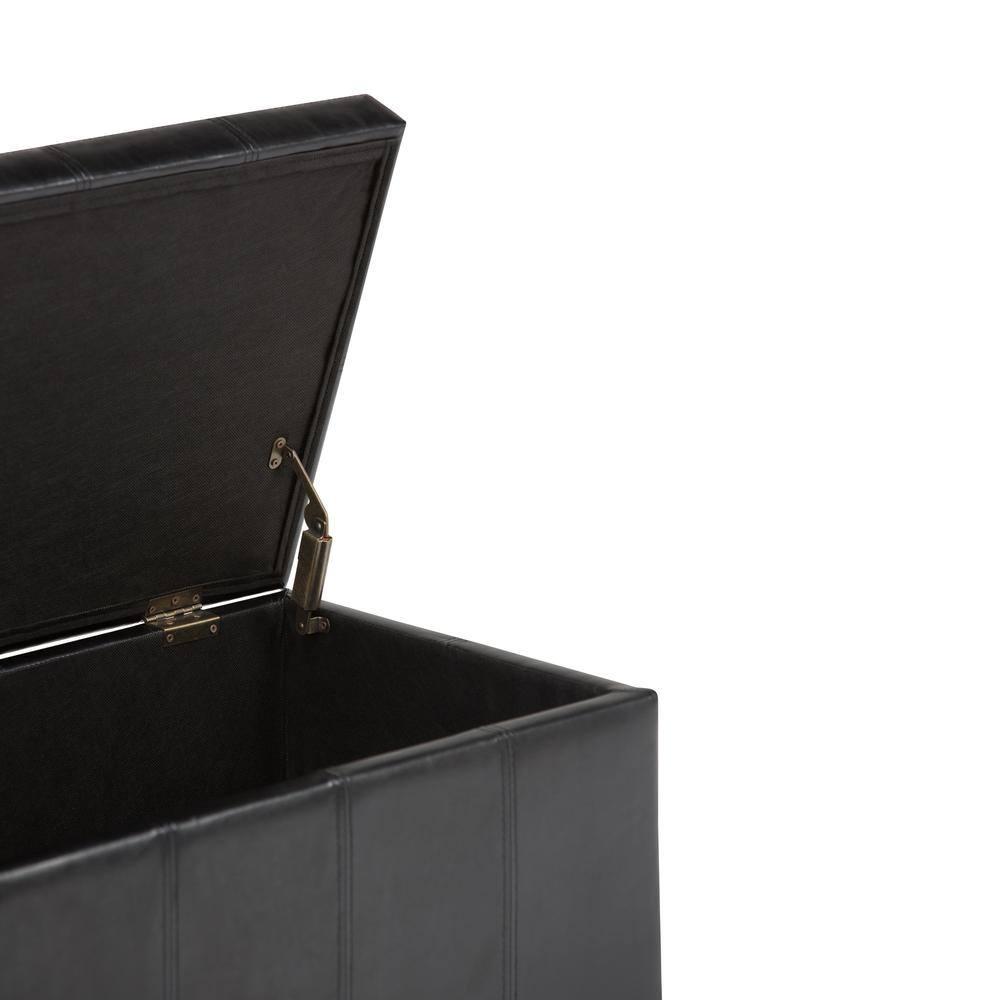 Simpli Home Amelia 34 inch Wide Transitional Rectangle Storage Ottoman Bench in Midnight Black Faux Leather