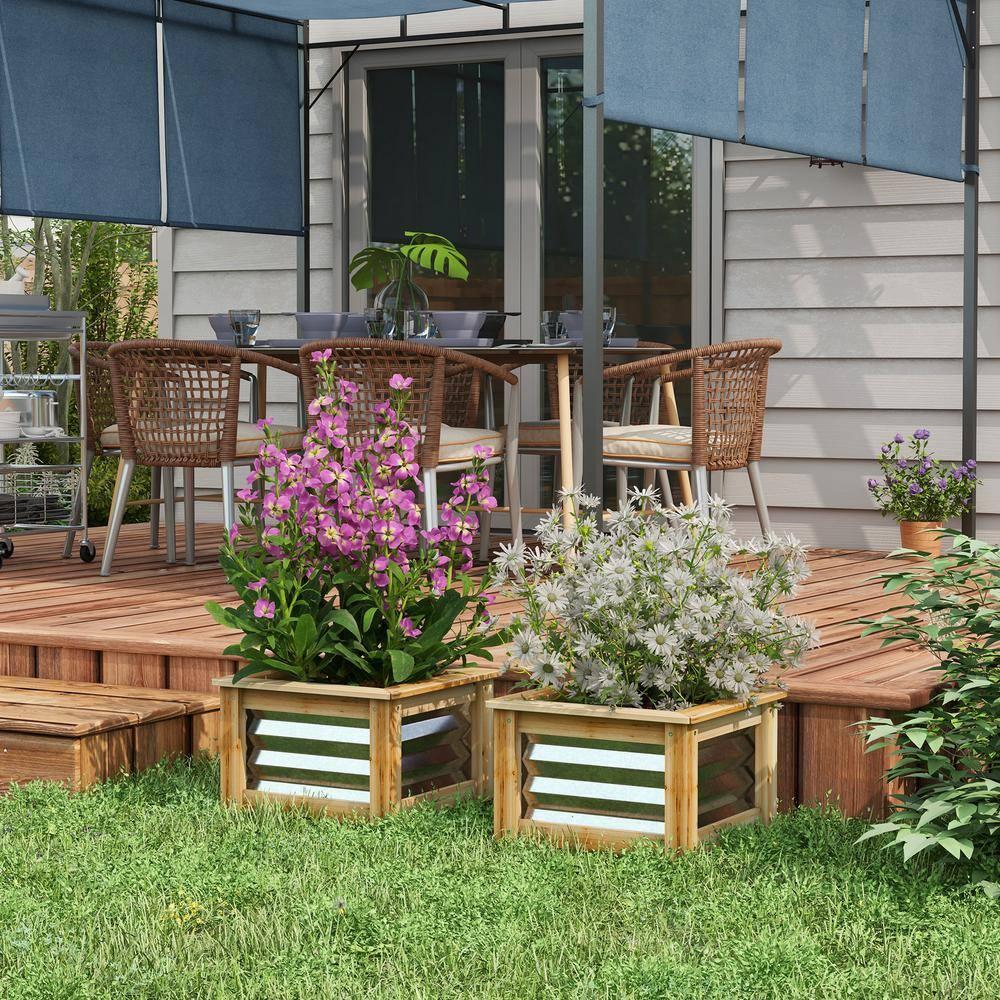 Outdoor Wooden Planter Box with Galvanized Metal Reinforcement