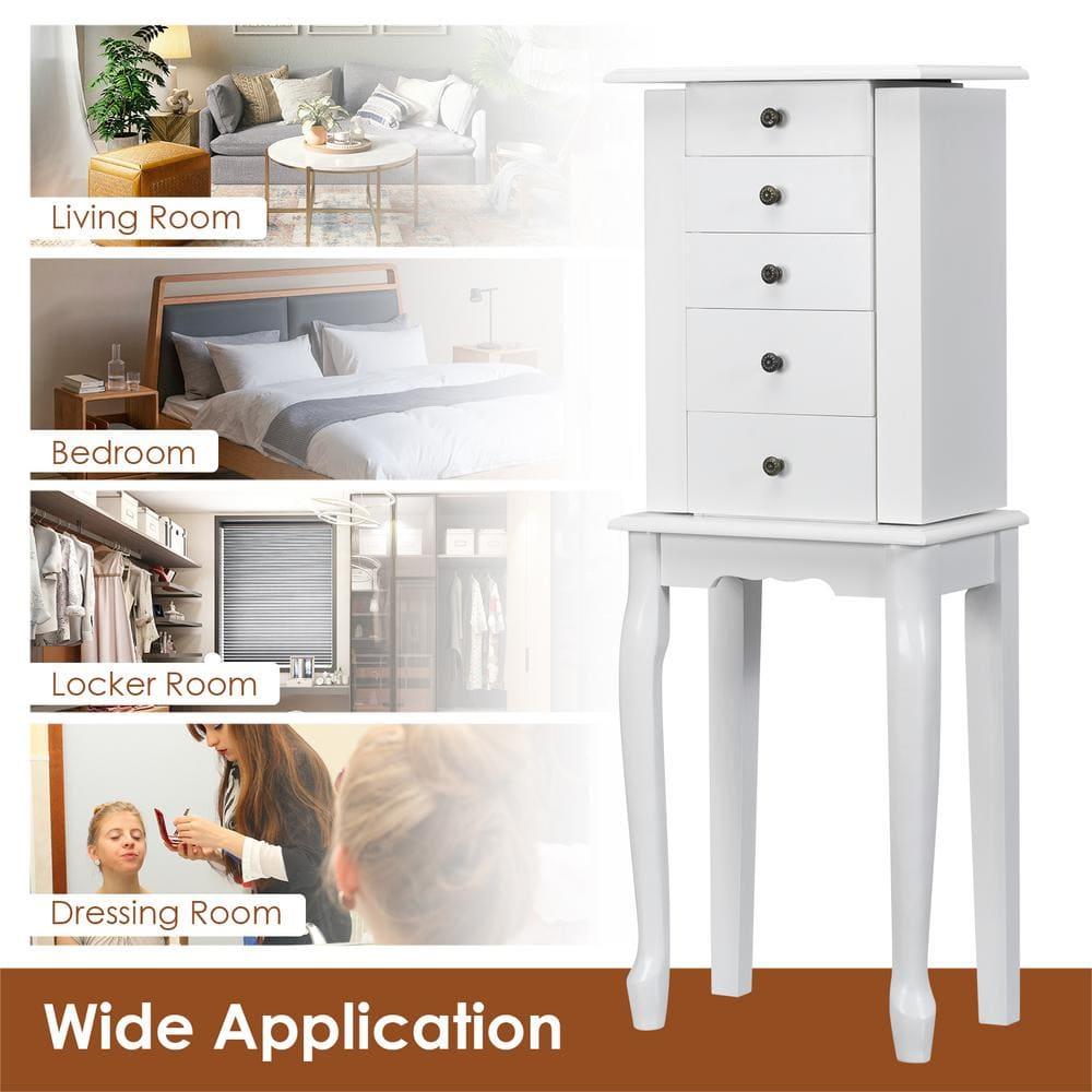 Standing Jewelry Cabinet Armoire with Top Flip Mirror, Jewelry Box Chest with 4 Drawers, Top Compartments, 8 Necklace Hooks and 2 Side Doors, White