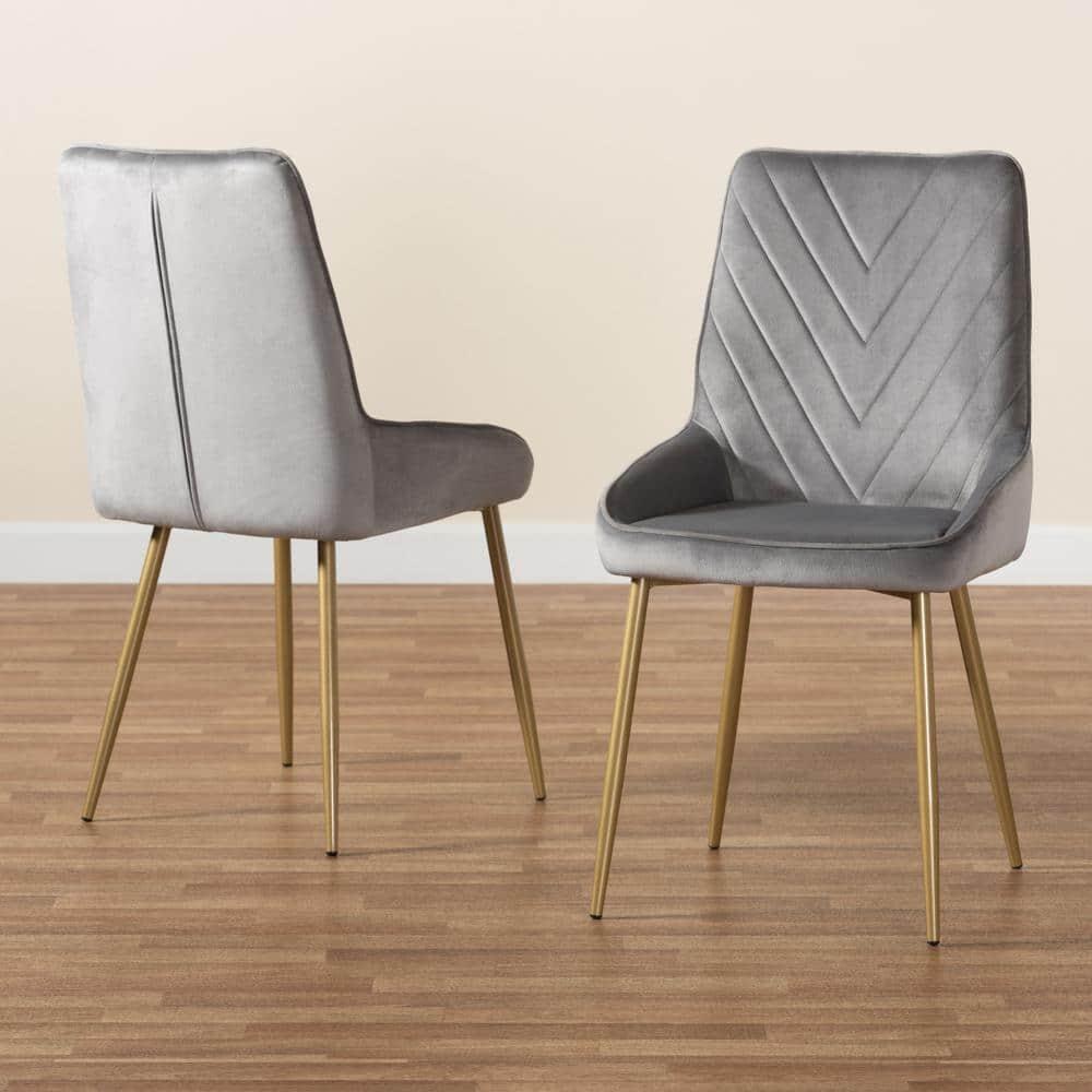 2pc Priscilla Velvet Fabric Upholstered Metal Dining Chair Set Gray/Gold - Baxton Studio