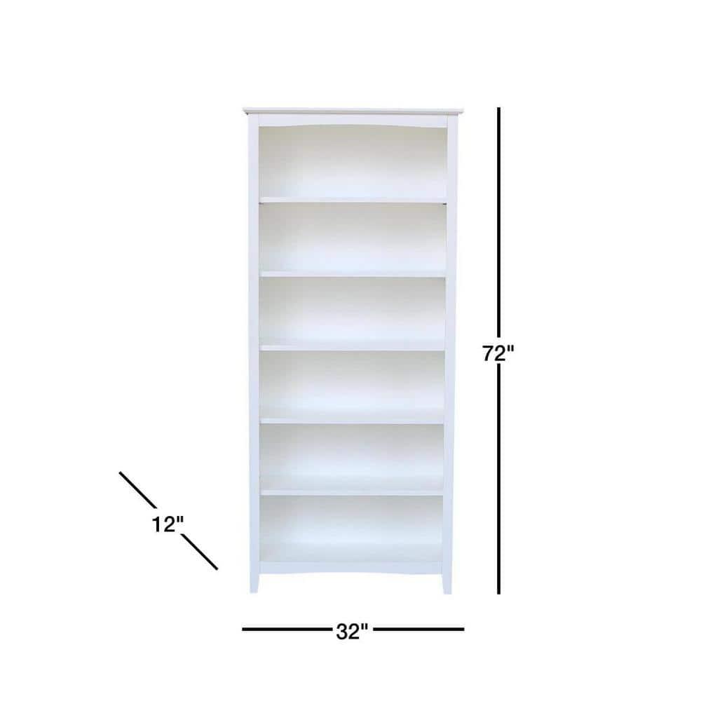 72" Shaker Bookshelf White - International Concepts: Solid Wood, 5 Fixed & Adjustable Shelves