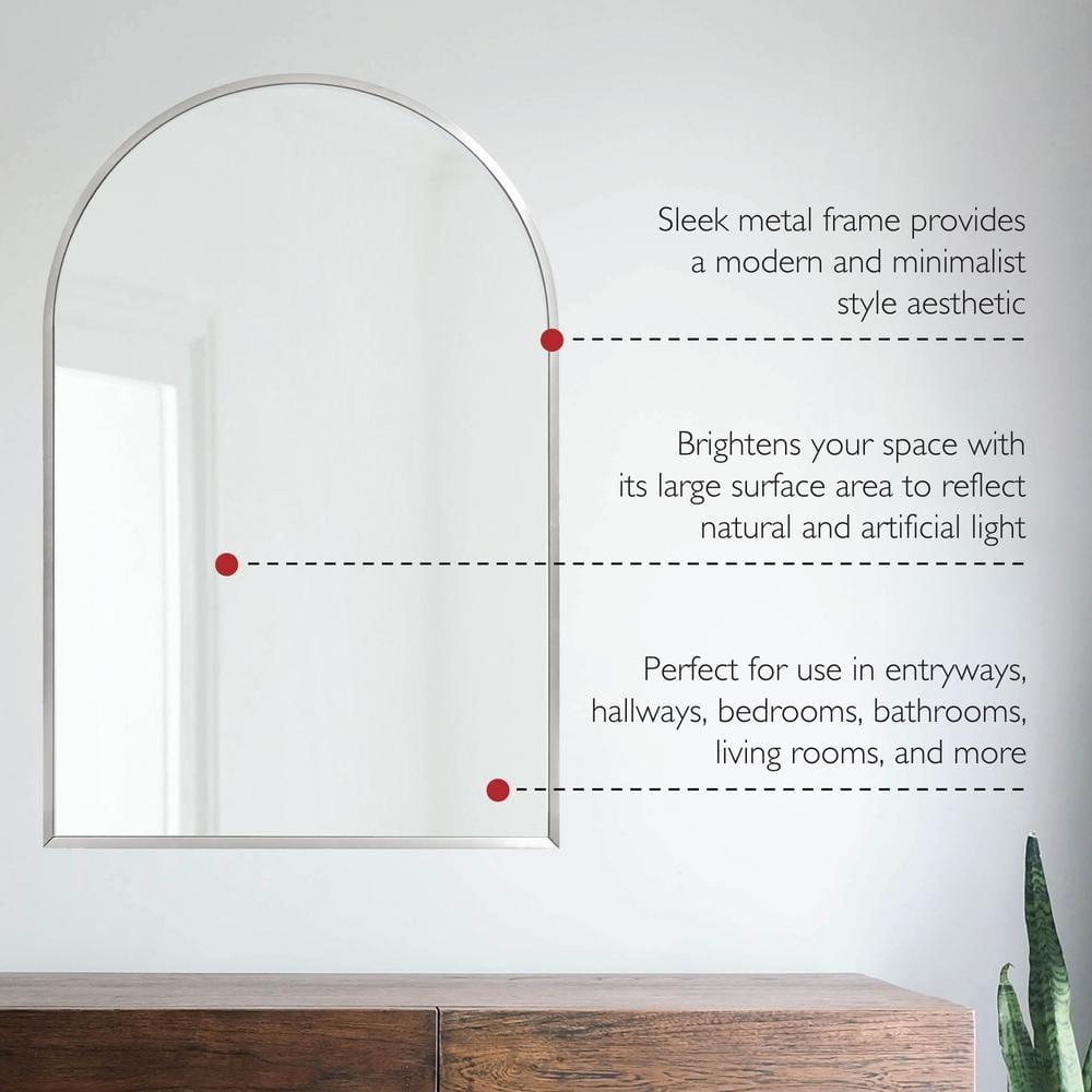 Maeve Arched Wall Accent Mirror – 36-Inch H X 24-Inch L, Modern Metal Framed – Living Room, Bedroom, Bathroom Vanity Mirror – Silver – Design House, 596726-SLV