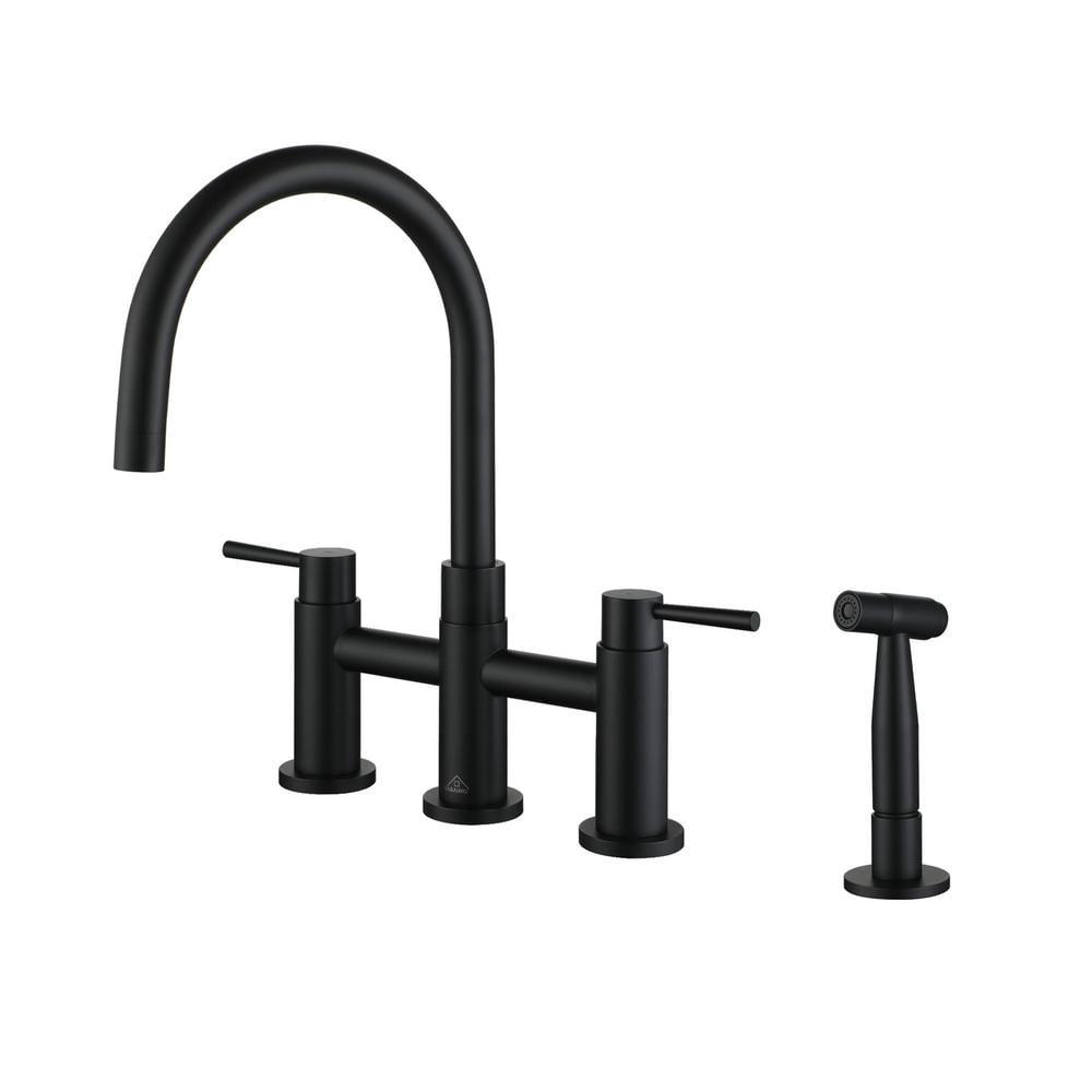 Double Handle Bridge Kitchen Faucet with Side Sprayer in Matte Black