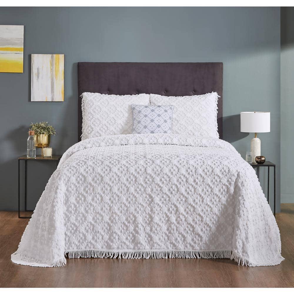 Better Trends Charleston Collection 100% Cotton Bedding sets, Machine Washable Soft and Breathable 4-piece Chenille Bedspread & Sham with Geometric Embroidery, All season