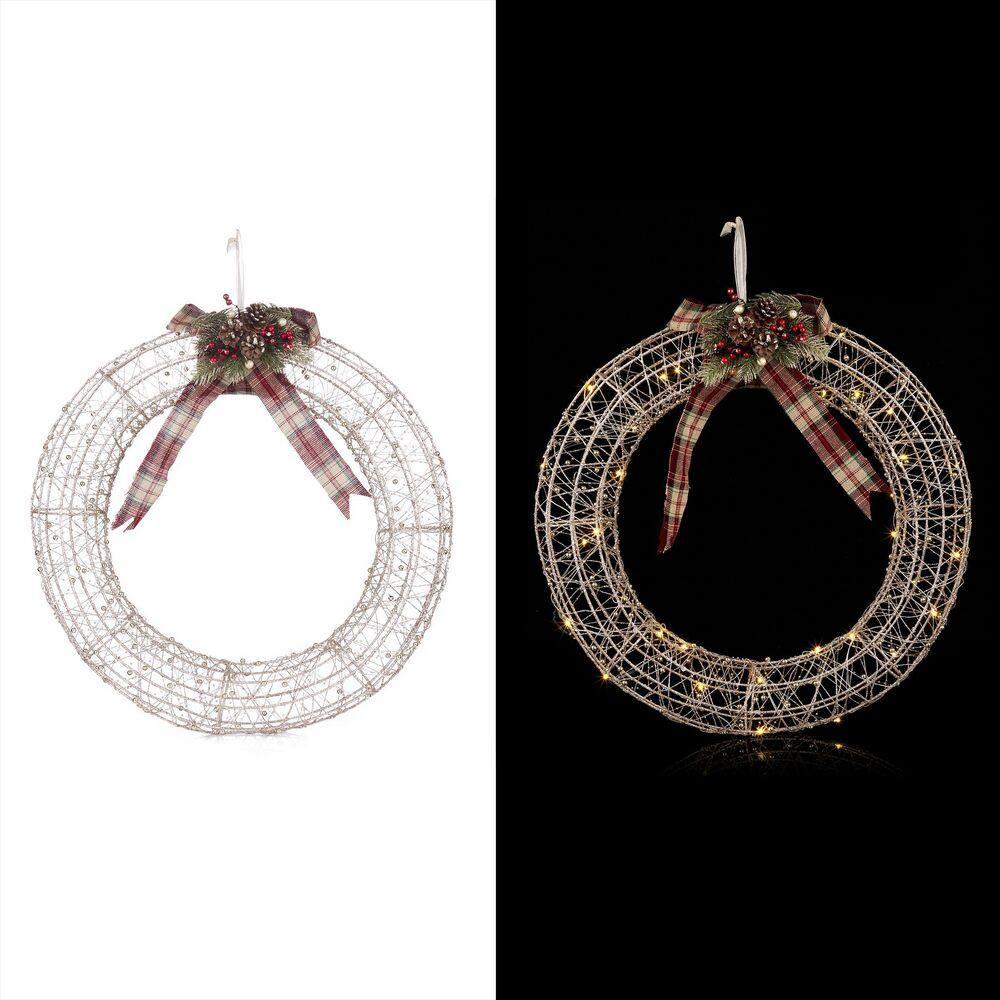 Hanging Christmas Wreath Decoration with Warm White LED Lights, Gold