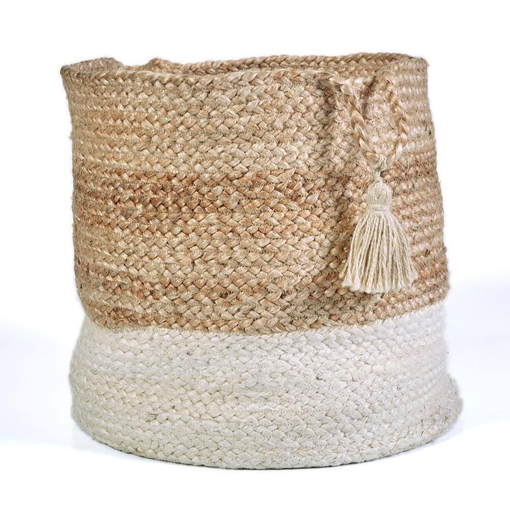 LR Home Woven Round Jute 17" Storage Basket with Handles, White Stripe