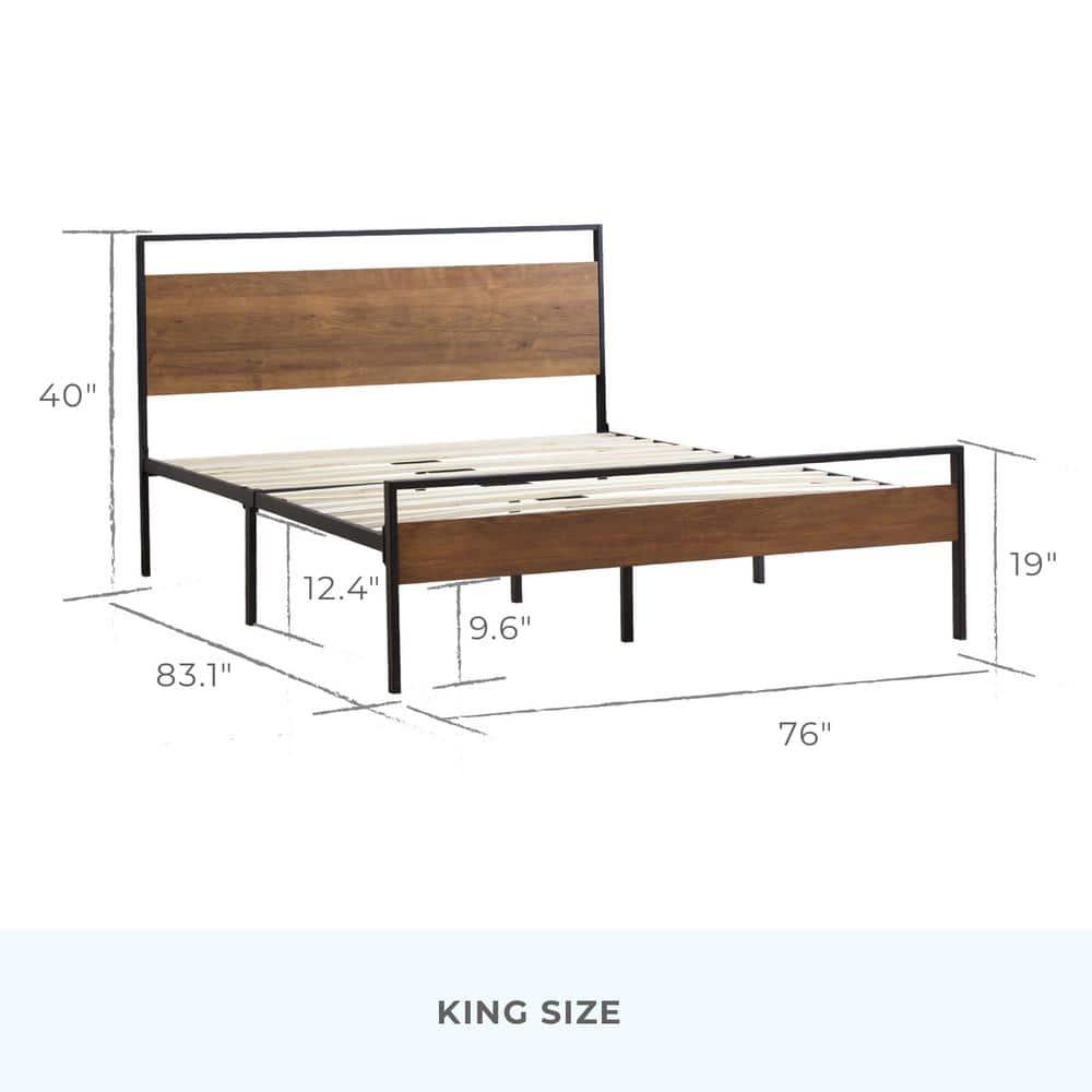 King Nora Metal and Wood Platform Bed Frame Brown - Brookside Home: Sturdy, No Box Spring Needed