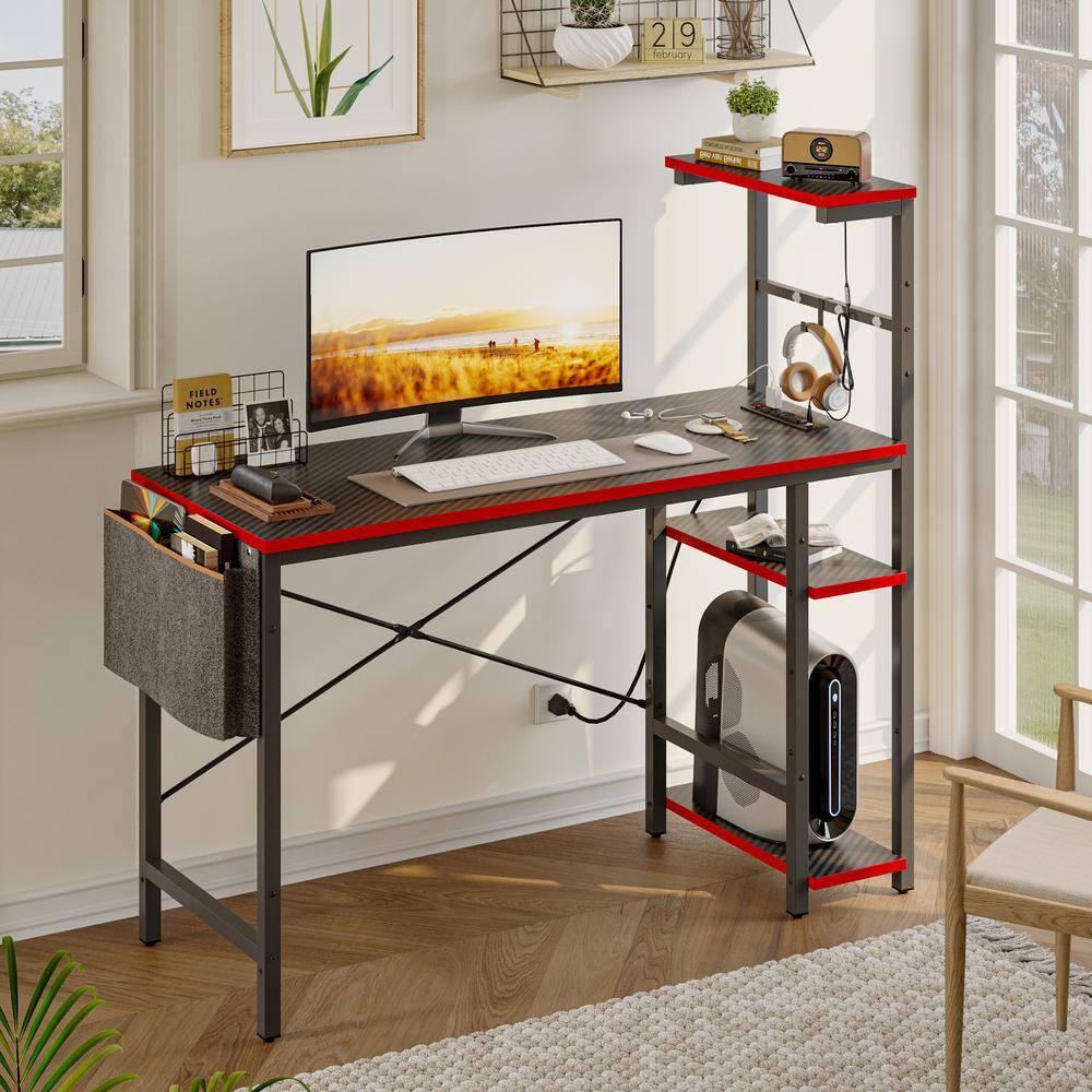 Bestier 44 inch LED Gaming Desk with Outlets & USB Ports Computer Desk with Storage Shelves in Black Carbon Fiber