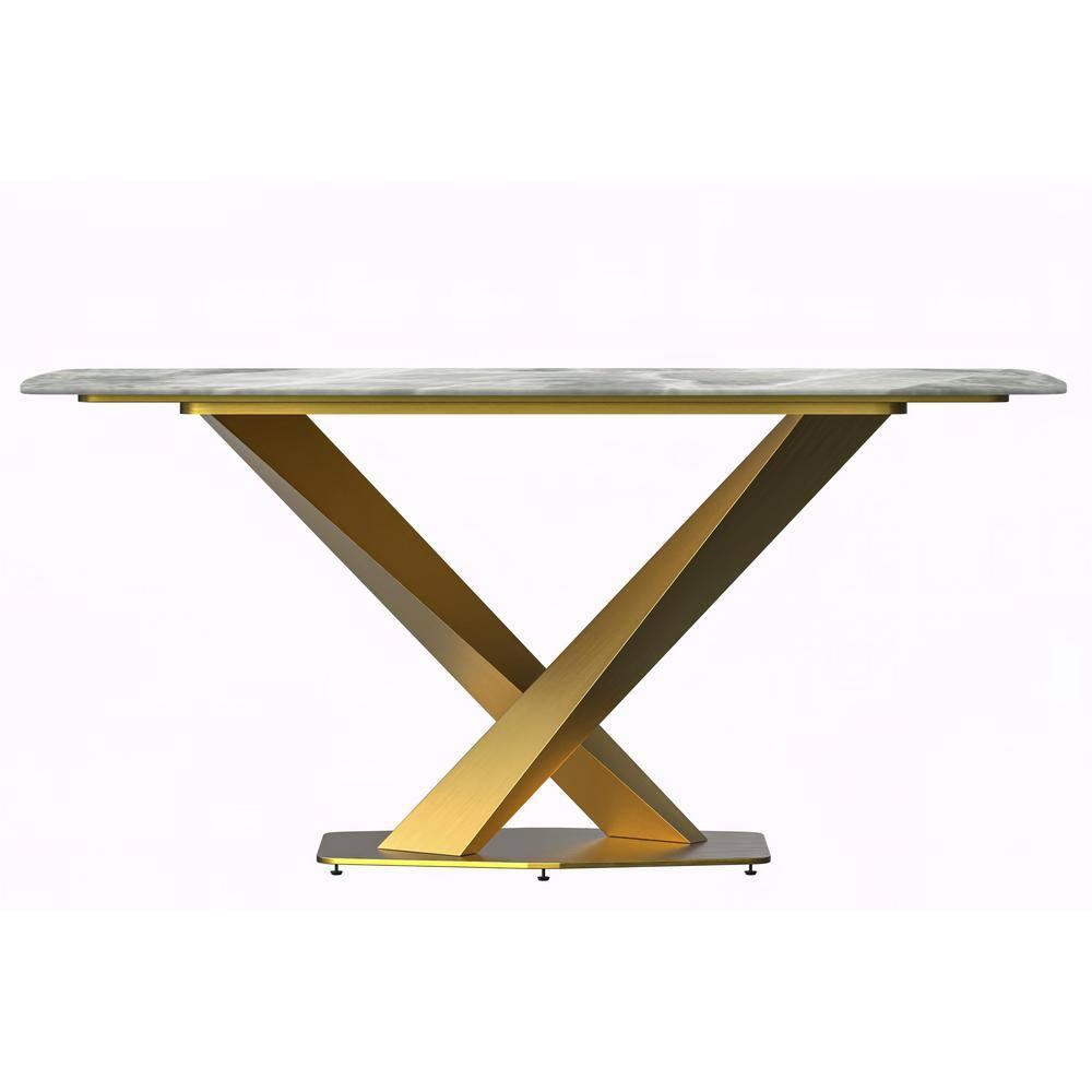 LeisureMod Voren Modern Dining Table with 71" Rectangular Sintered Stone or Glass Wide Tabletop and Steel Legs for Home, Kitchen, Dining or Conference Room in Light Grey