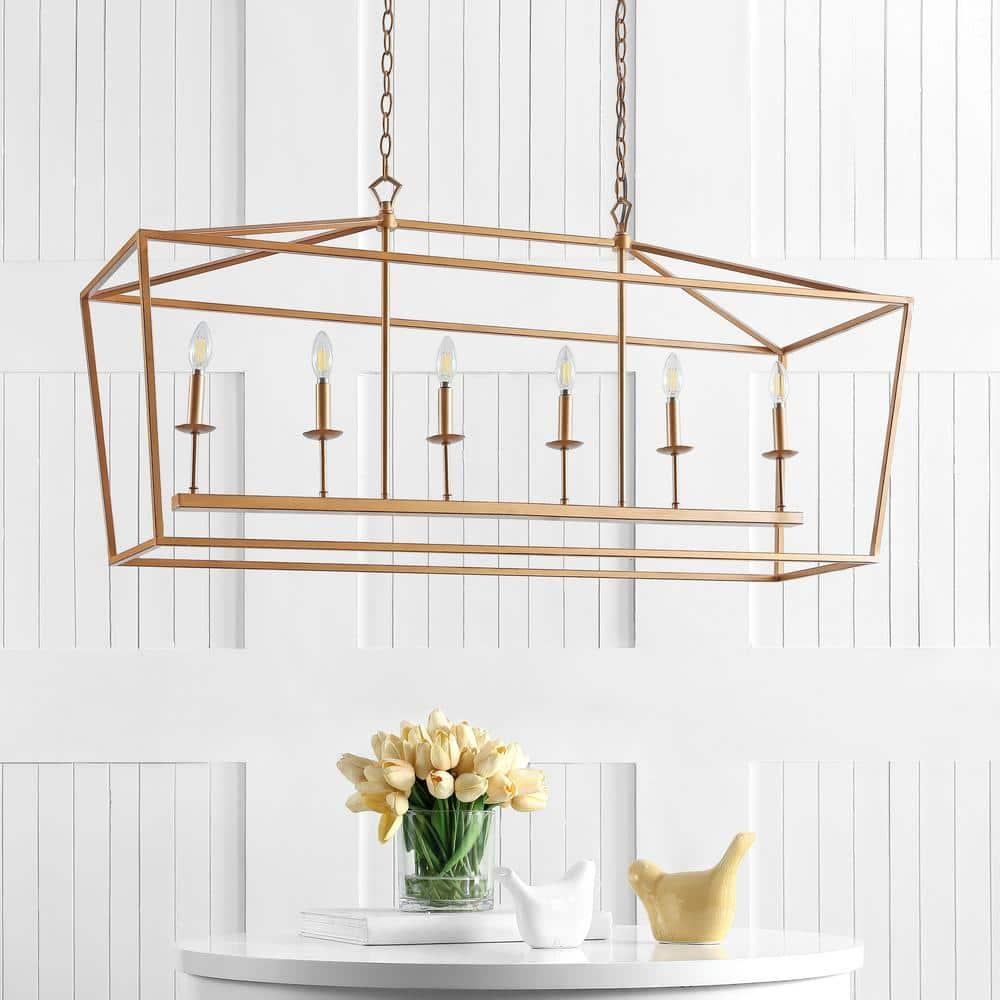 Pagoda 49" Linear 6-Bulb Lantern Metal LED Pendant, Antique Gold
