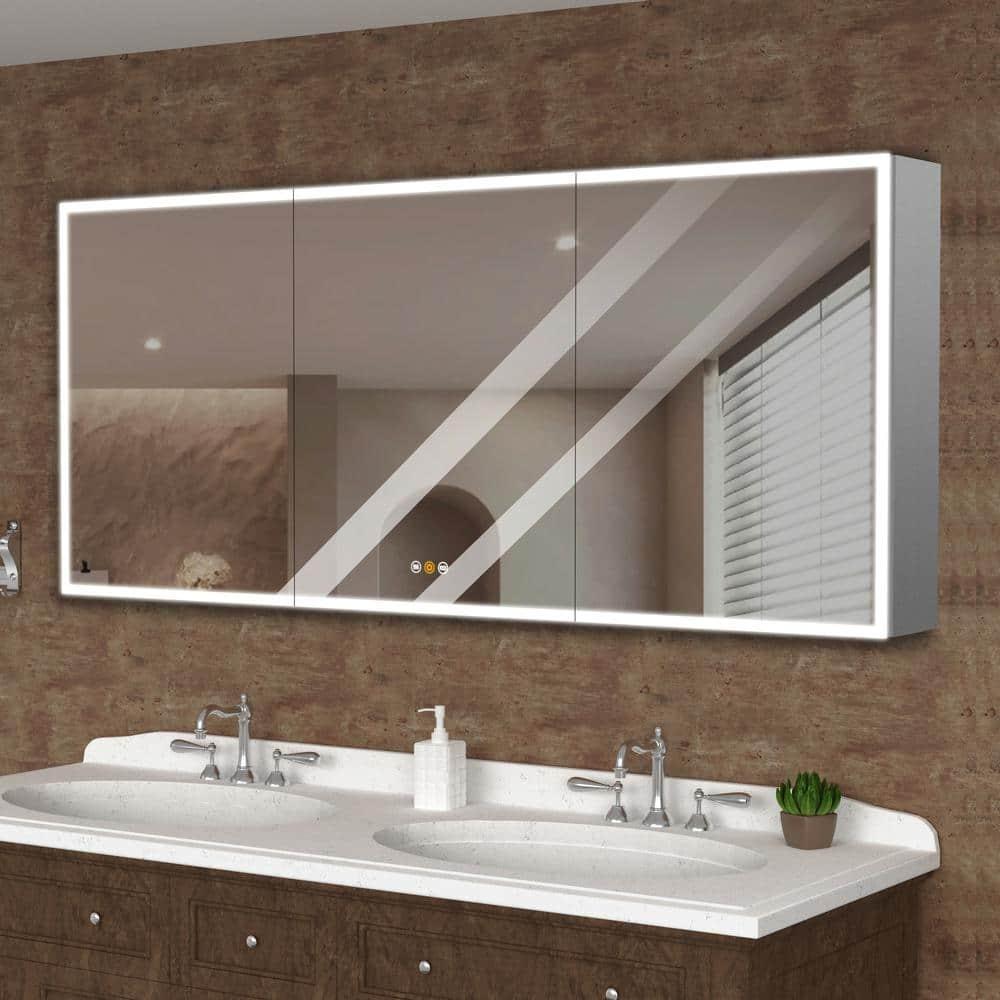 60 in. W x 36 in. H Rectangular Aluminum Big Storage Surface Mount Medicine Cabinet with Mirror in Grey and USB Outlet