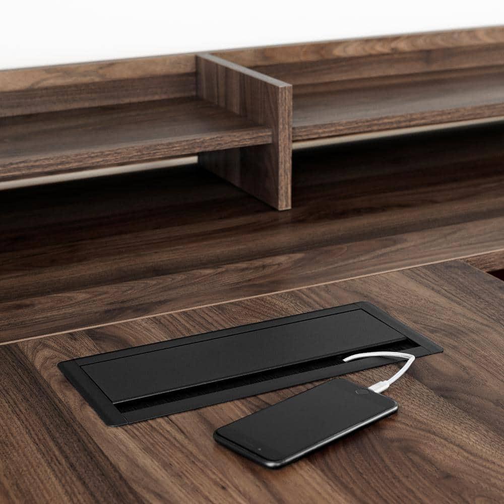 Helsy L-Shaped Desk with Power Bar and Removable Hutch Natural Walnut