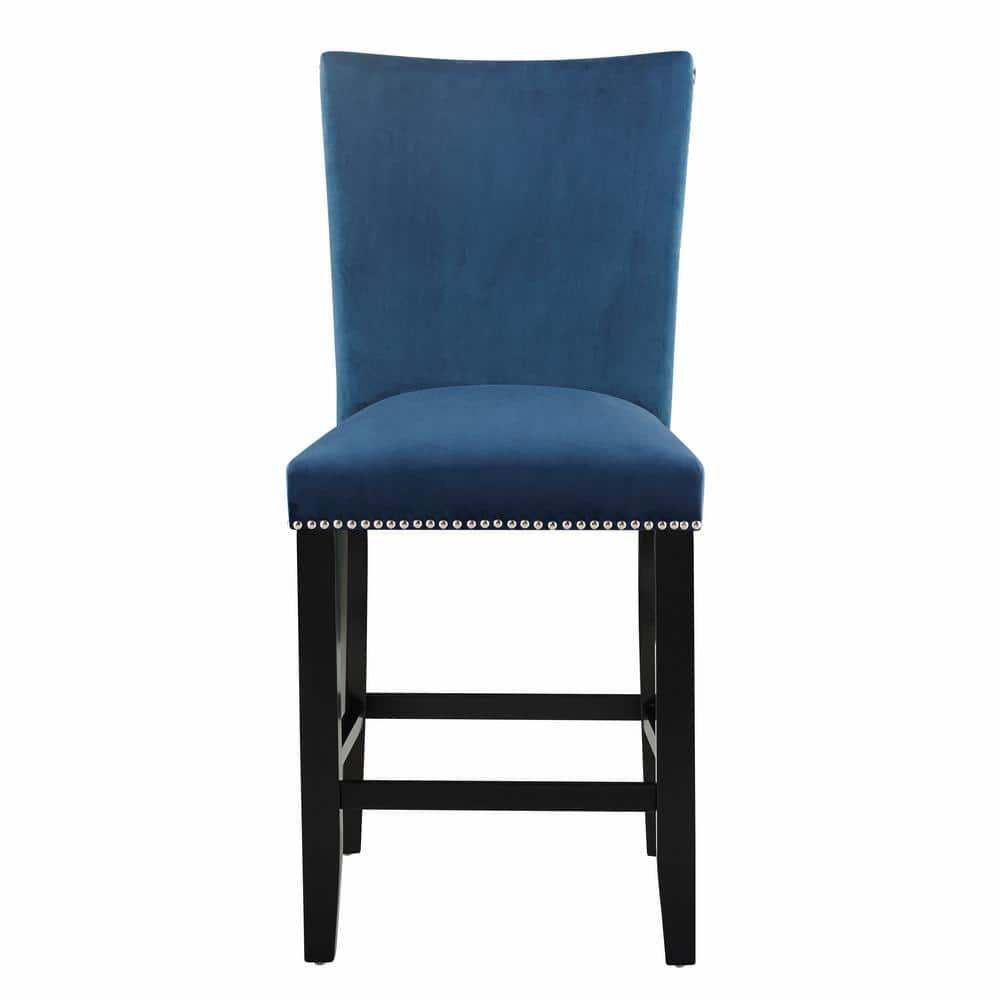 24" Set of 2 Camila Velvet Counter Height Barstools Blue - Steve Silver Co.: Nailhead Trim, Armless, Wood Legs, Spot Clean