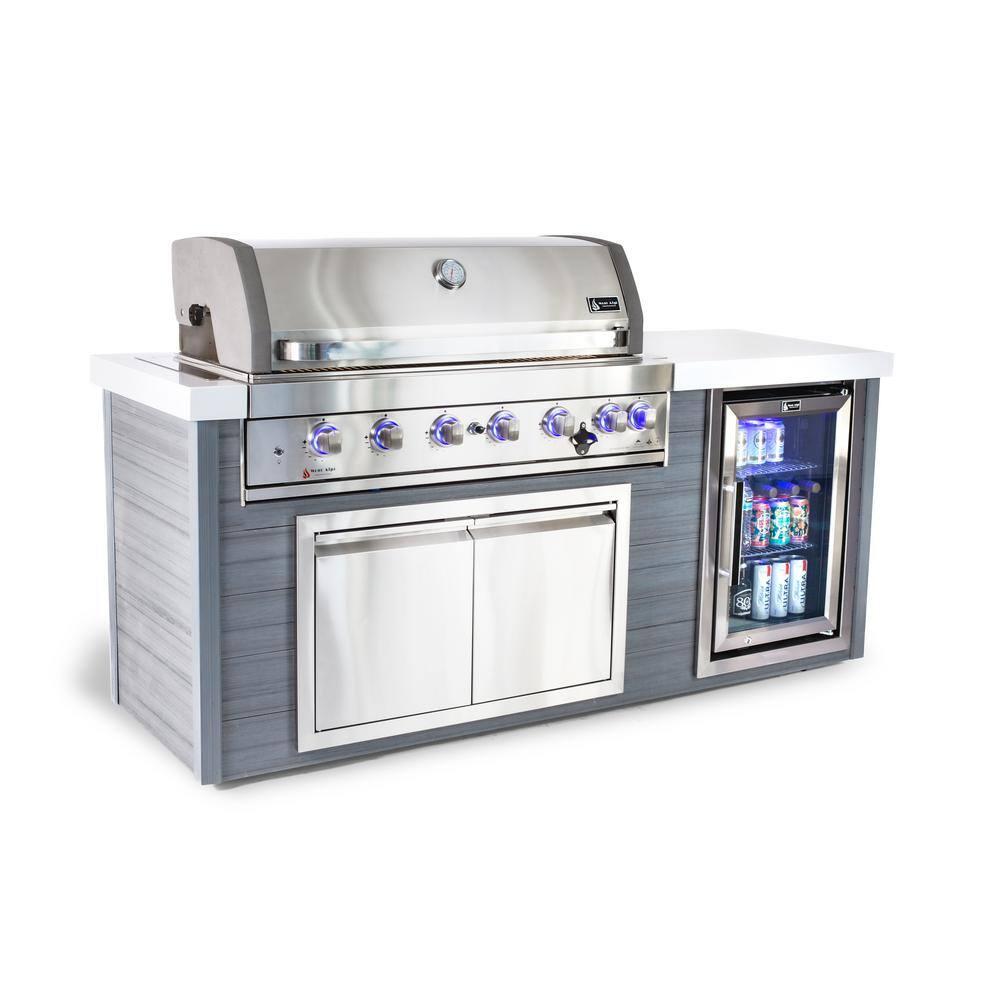 Mont Alpi MA805-AW Artwood Series High Density Polyethylene 6-Burner 87000 BTU Propane Natural Gas Stainless Steel Outdoor Kitchen Island Grill + Granite Countertops + Double Access Doors + Refrigerator