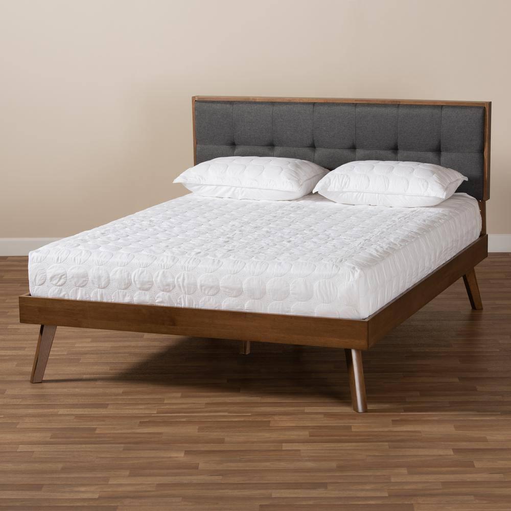 Full Alke Fabric Upholstered Platform Bed with Headboard Dark Gray/Walnut - Baxton Studio: Chic Retro Design, No Box Spring Required