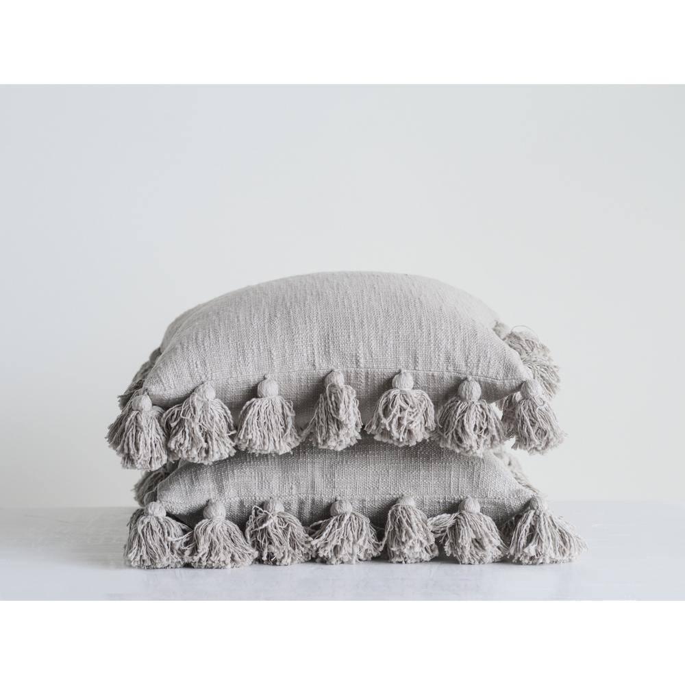 Storied Home Woven Cotton Slub Pillow with Tassels, Grey