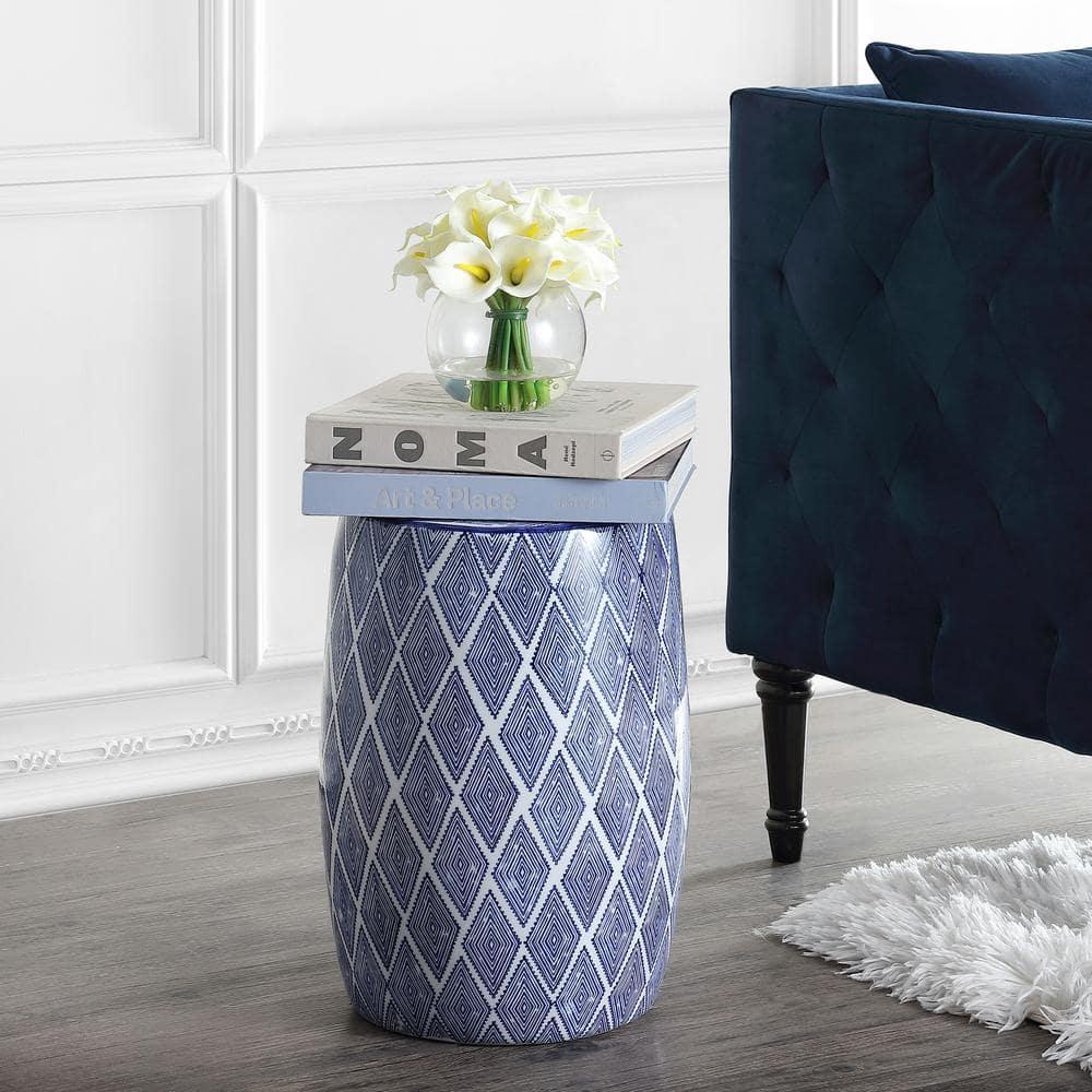 Moroccan Diamonds 18" Ceramic Drum Garden Stool, Blue/White - JONATHAN Y