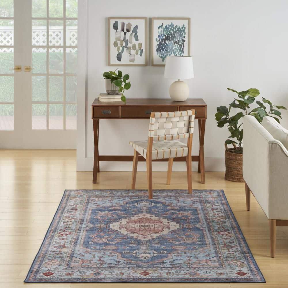 Nourison Fulton Bordered Medallion Non-Slip Flatwoven Indoor Rug Blue 5' x 7'