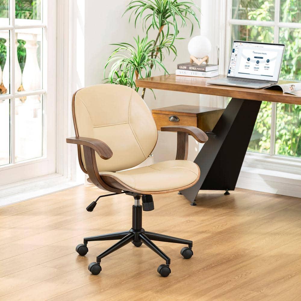 Glitzhome Leather Home Office Chair with Arm, Mid-Back Adjustable Executive Swivel Desk Task Chair,Beige