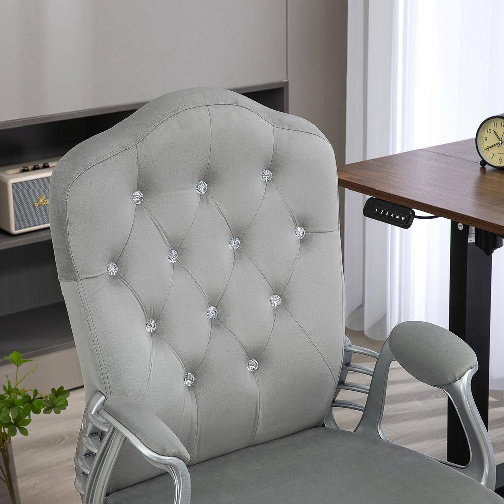 Vinsetto Home Office Chair, Velvet Computer Chair, Button Tufted Desk Chair with Swivel Wheels, Adjustable Height, and Tilt Function, Light Gray