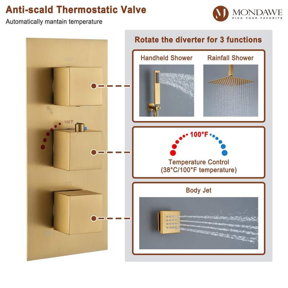 mondawe MD6865-BG Herathena 3 Functions Ceiling Mounted Thermostatic Shower System with 6 Body Jets