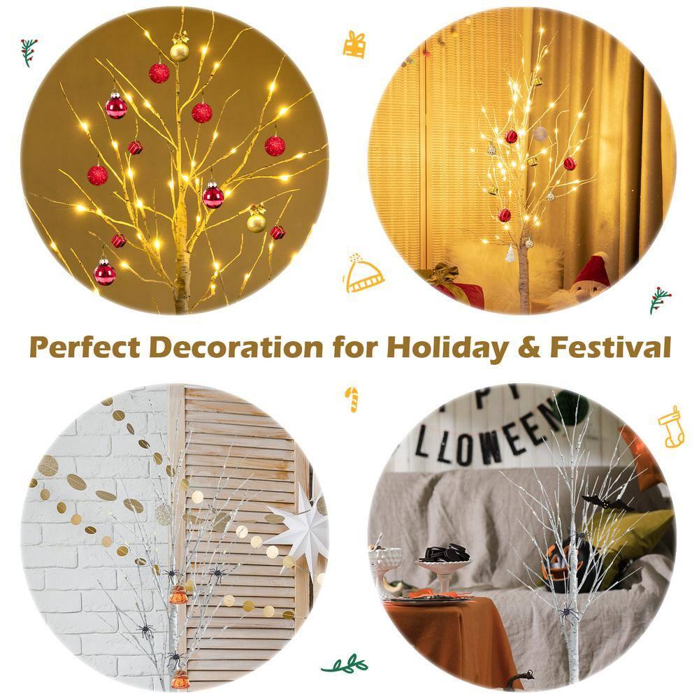 Costway 4ft Pre-lit White Twig Birch Tree for Christmas Holiday w/ 48 LED Lights