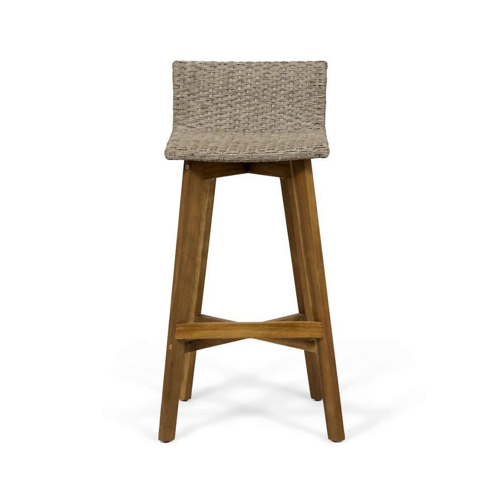 Pico Brea Outdoor Wood & Wicker Barstools, Set of 4, Light Brown and Teak
