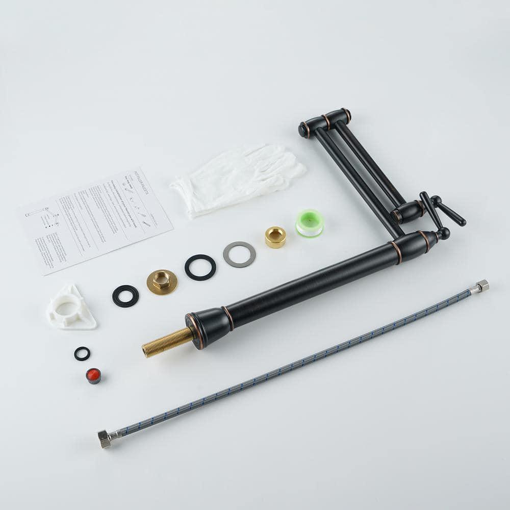 Pot Filler Deck Mount, WOWOW Pot Filler Faucet Oil Rubbed Bronze Kitchen Folding Countertop Faucet 2 Handle with Stretchable Double Joint Swing Arms Brass Stove Faucet