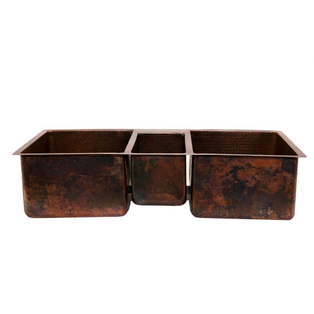 42" Hammered Copper Triple Basin Kitchen Sink