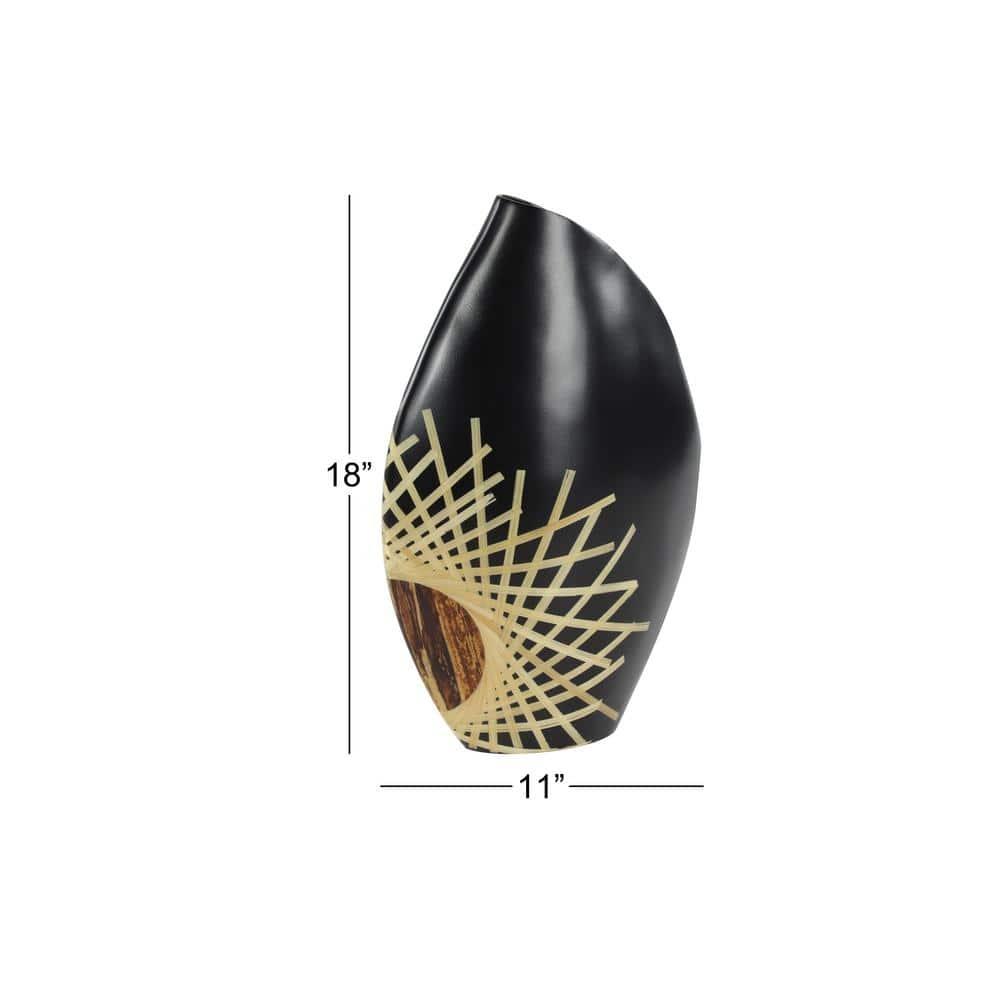 Decmode - Large Black Glazed & Bamboo Inlay Banana Wood Vase w/ Exposed Bark Detail, 11.5” x 18”