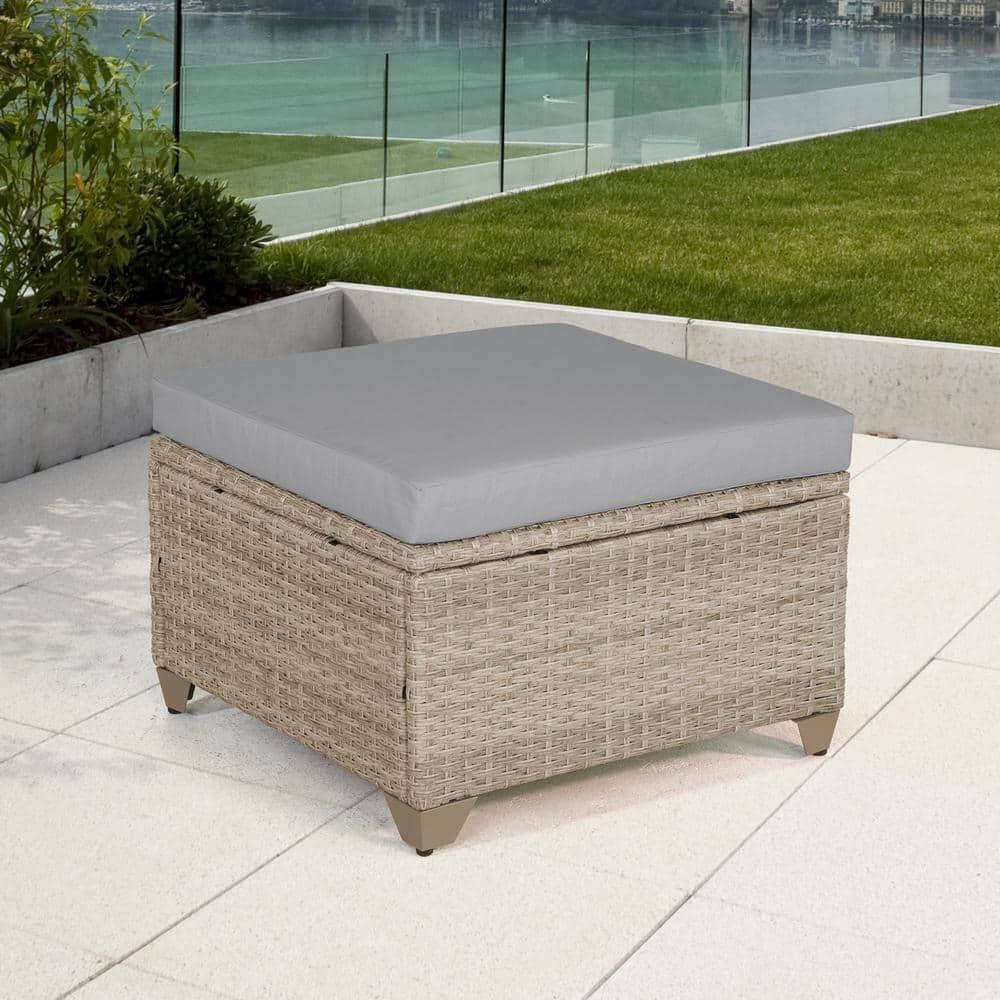 Maui Natural Aged Wicker Outdoor Ottoman with Stone Cushion