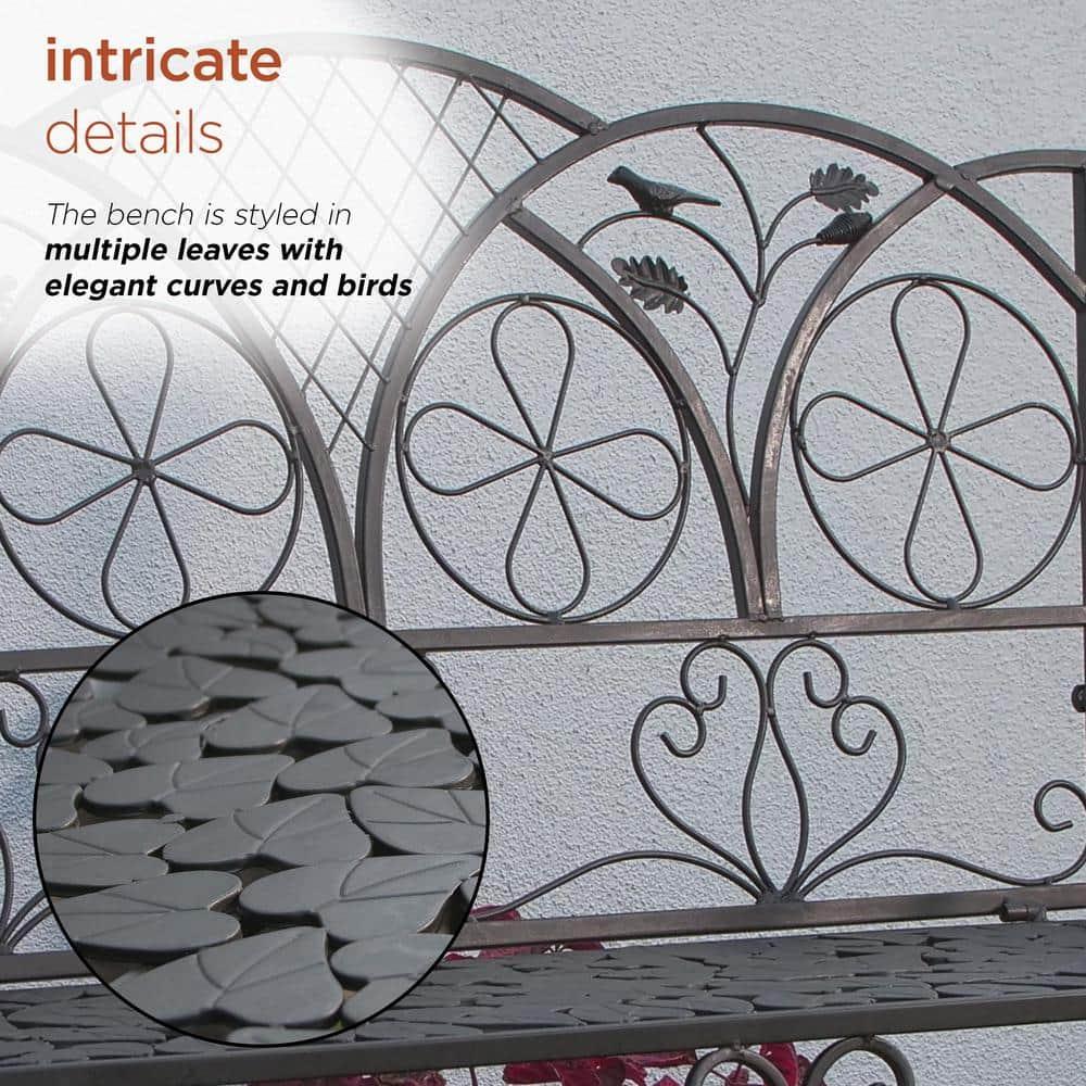 38" x 45" Iron Birds and Leaves Outdoor Garden Bench Brown - Alpine Corporation: Weatherproof, Decorative Yard Seating