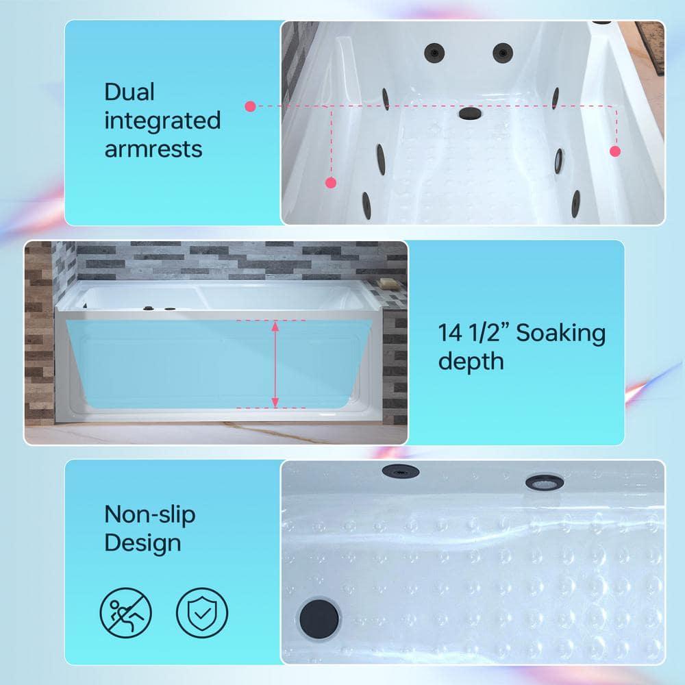 60" x 30" Whirlpool Heated Rectangular Alcove Acrylic Bathtub with Chrome/Matte Black Drain and Overflow