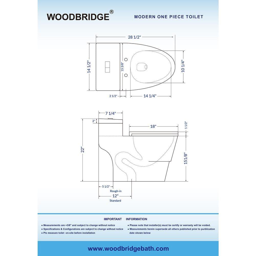 WoodBridge 1.6 Gallons GPF Elongated Comfort Height Floor Mounted One-Piece Toilet (Seat Included)