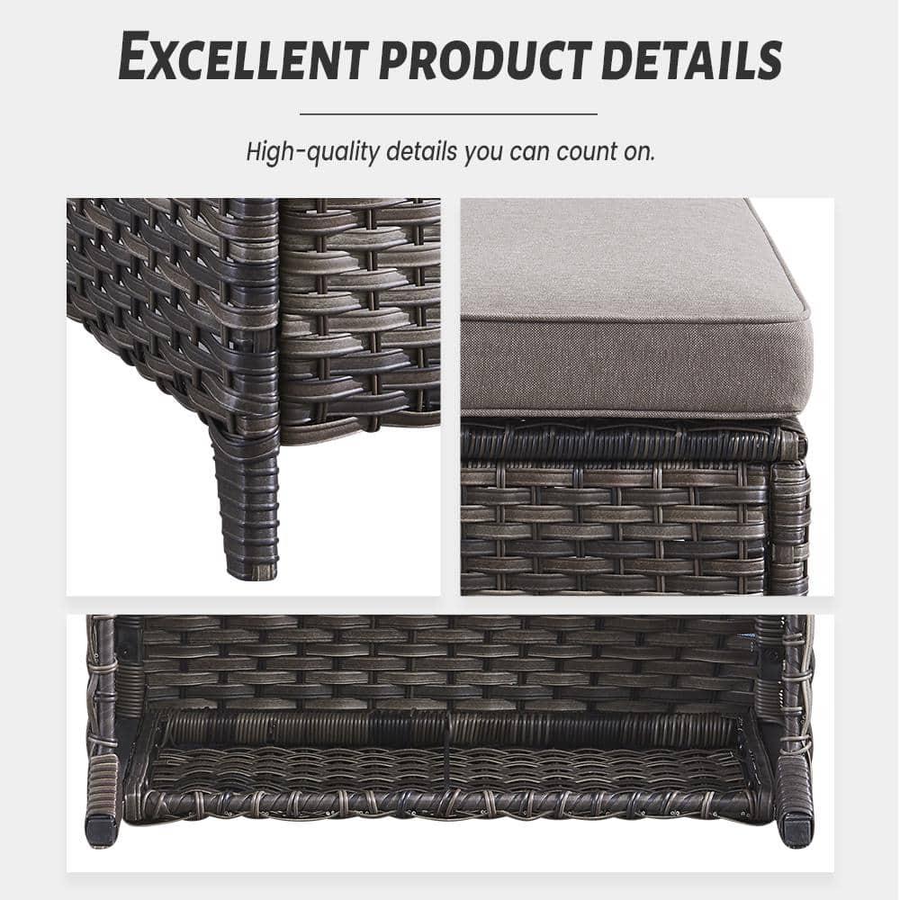 PARKWELL 2PCS Outdoor Wicker Ottoman Patio Rattan Furniture Metal Footrest Seat Square Footstool Patio Furniture w/ Gray Cushion