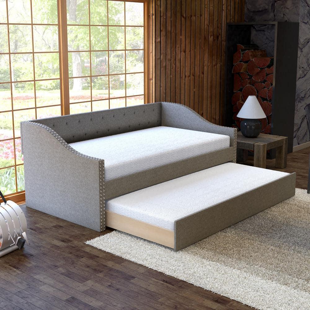 Manchester Twin Size Daybed with Wheeled Trundle, Gray Linen, with Tufted Upholstery and Nailhead Trim