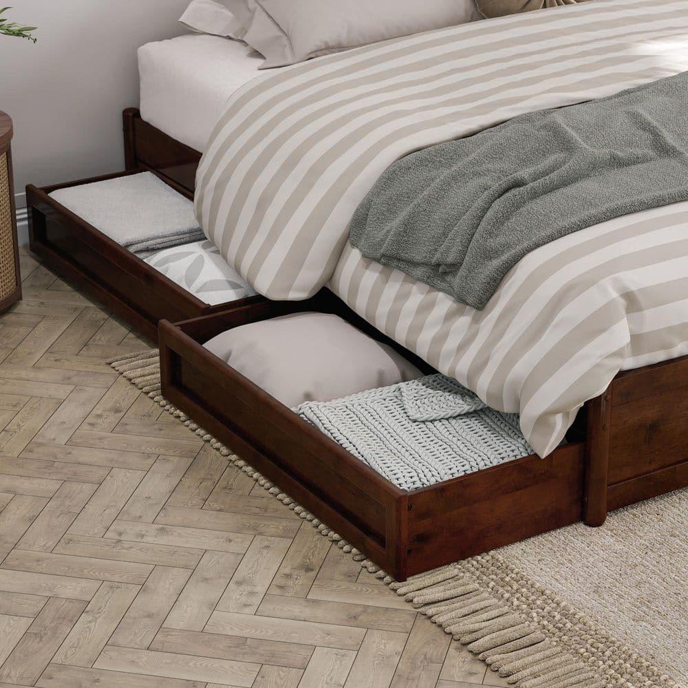 Barcelona King Solid Wood Panel Platform Bed with Storage Drawers in Walnut