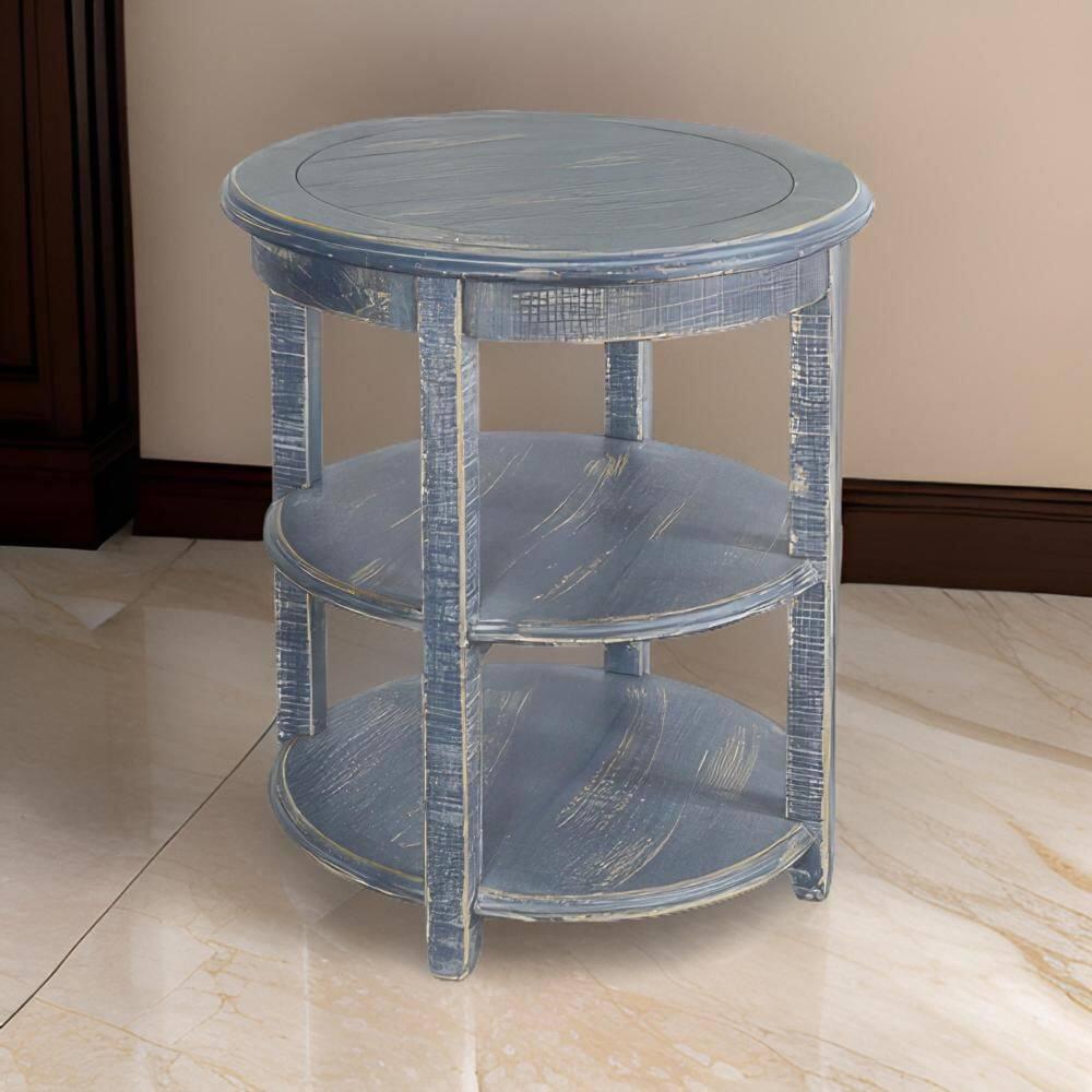 Benjara Rena Side End Table, Scallop Trim, 28 Inch Distressed Blue Mahogany