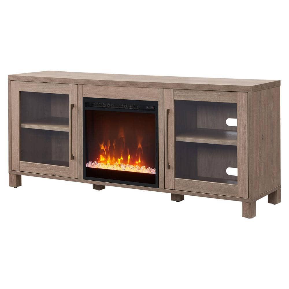 Evelyn&Zoe Quincy Rectangular TV Stand with Crystal Fireplace for TV's up to 65", Antiqued Gray Oak