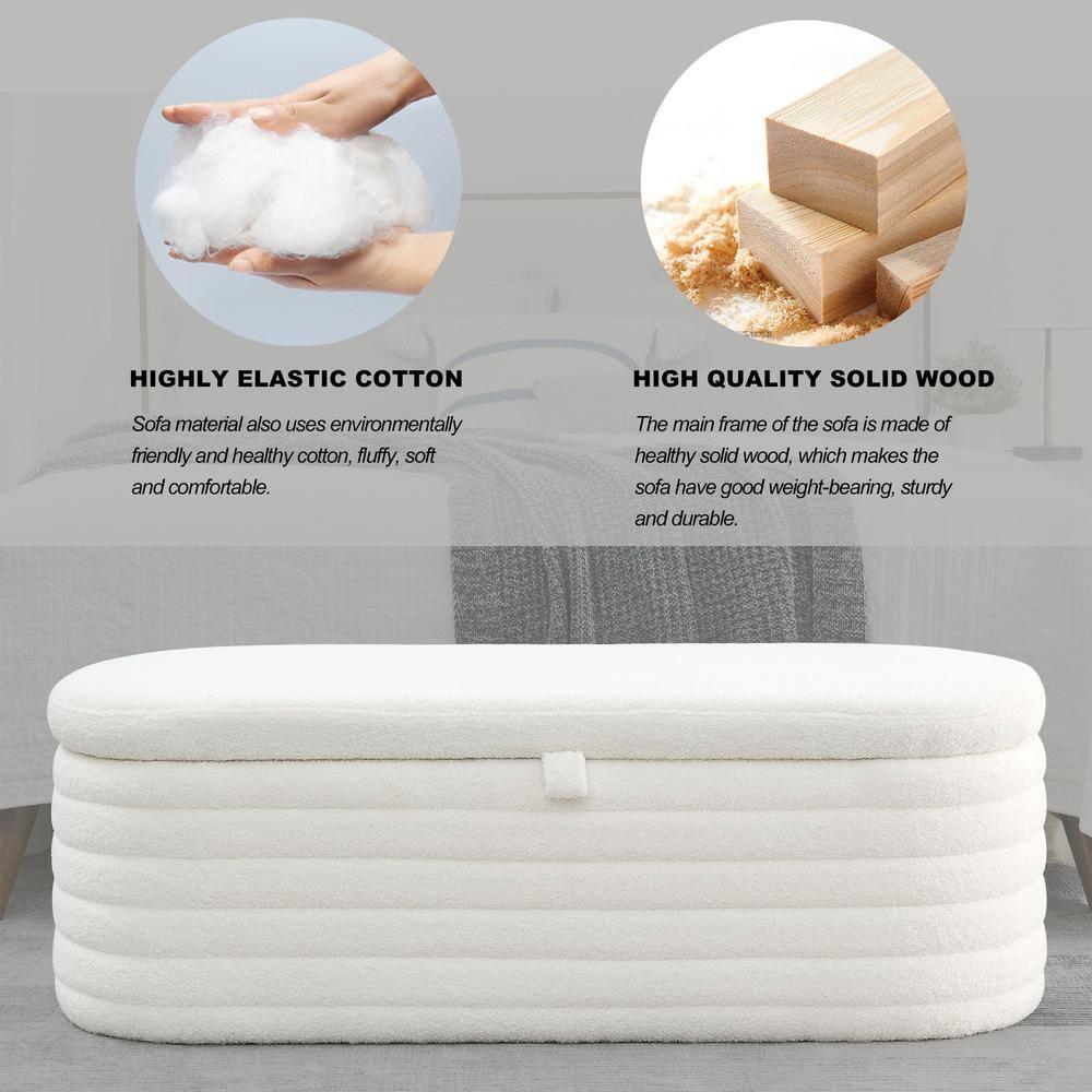 Modern Oval Storage Ottoman Bench, Upholstered Boucle Teddy Fabric End Of Bed Bench With Storage, End Of Bed Stool With Safety Hinge For Bedroom, Living Room, Entryway