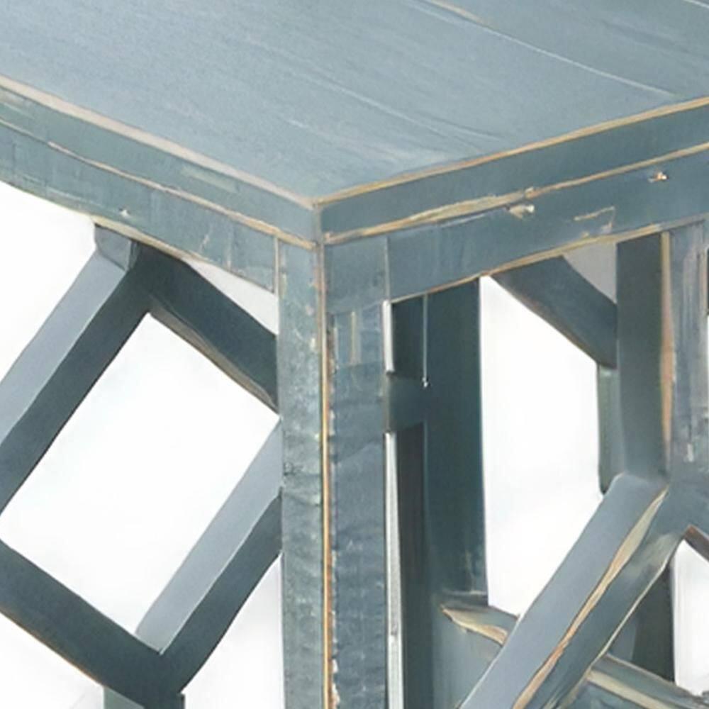 Benjara Rena 3 Piece Nesting Accent Table Set | Geometric Frame | Distressed Pebble Solid Mahogany Wood