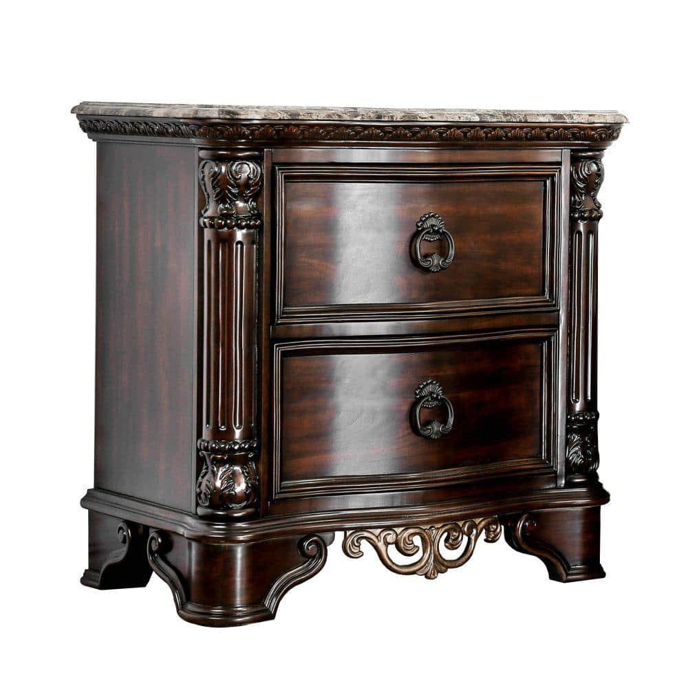 Benzara 30 Inch Nightstand with 2 Drawers, Classic Marble Top, Ornate Pilasters, Dark Cherry Brown