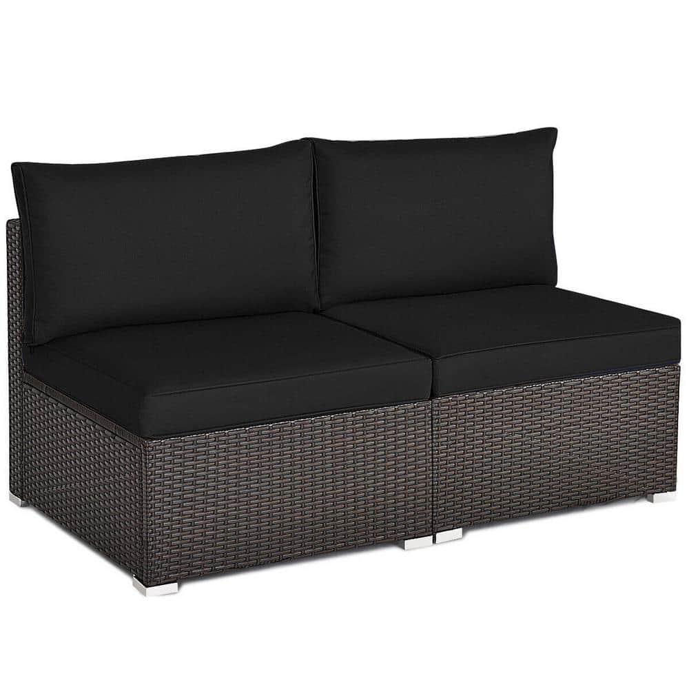 Costway 2PCS Patio Rattan Armless Sofa Sectional Furniture Conversation W/Black Cushion
