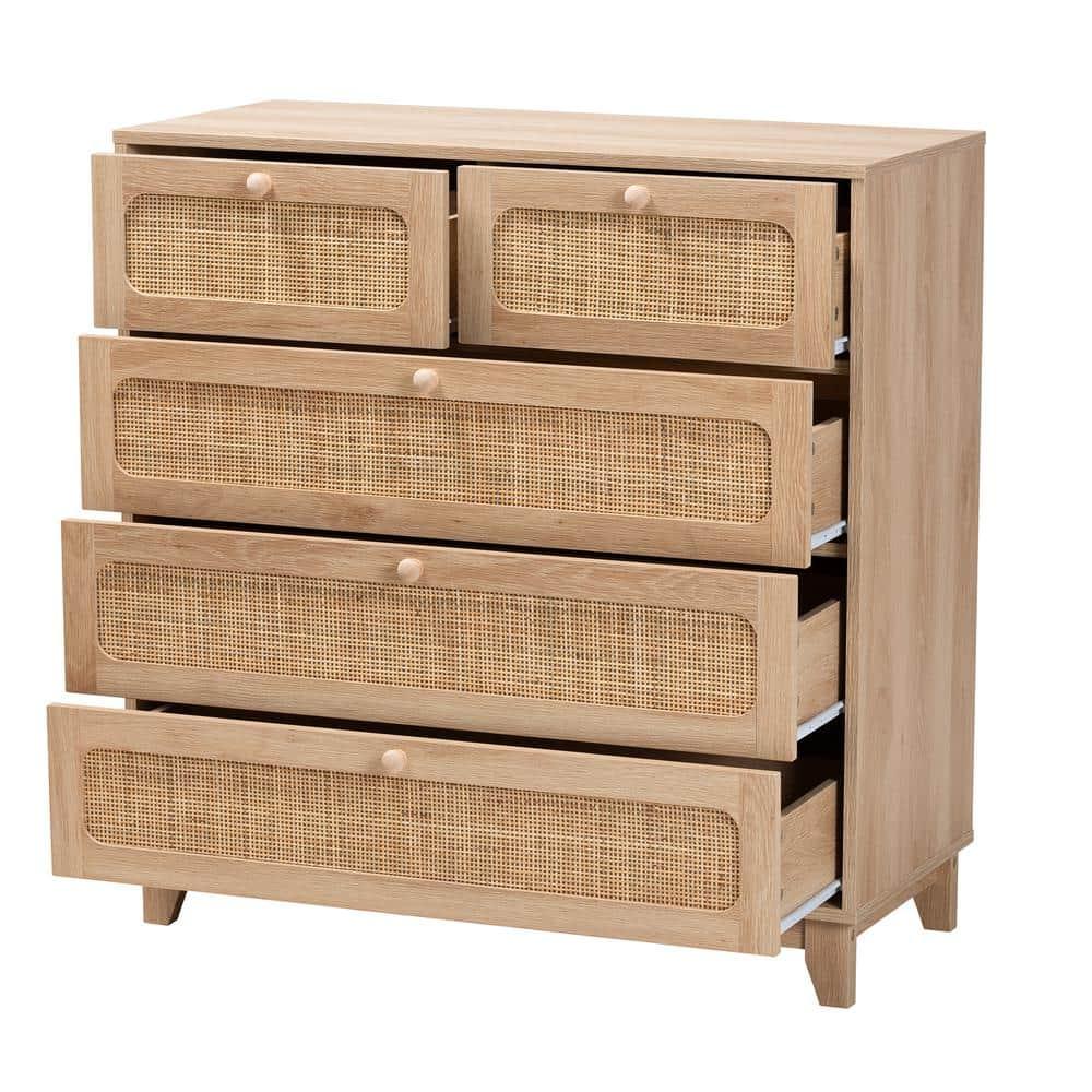 Elsbeth Wood and Natural Rattan 5 Drawer Storage Cabinet Oak Brown/Natural Brown - Baxton Studio