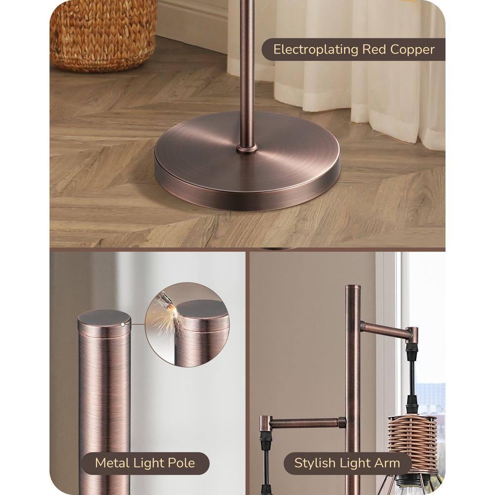 EDISHINE Dimmable Rustic Floor Lamp, Farmhouse Standing Lamp with 3 LED Edison Bulbs, Rattan Design Floor Lamps for Living Room, Bedroom, Reading Corner, Office, Electroplated Brushed Red Copper