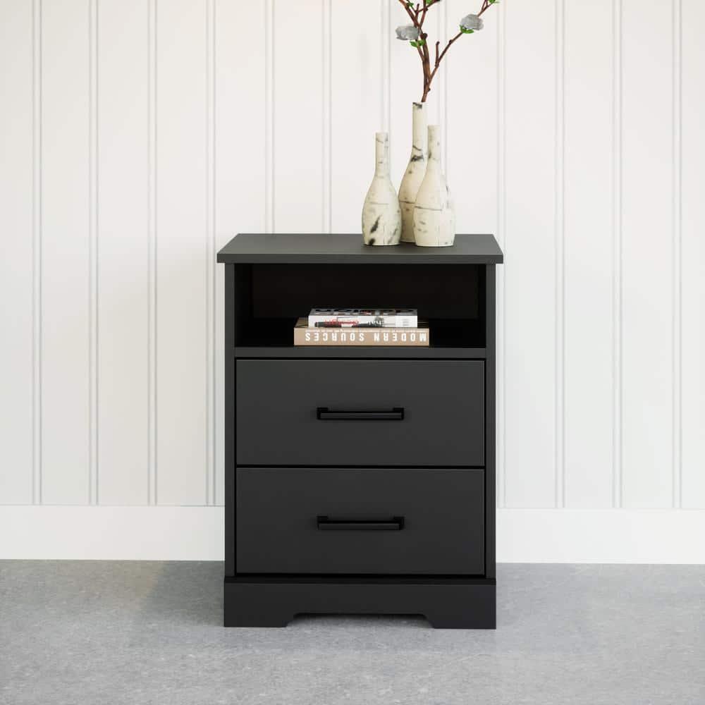 Prepac Rustic Ridge Farmhouse Nightstand with 2 Drawers and Open Shelf Black