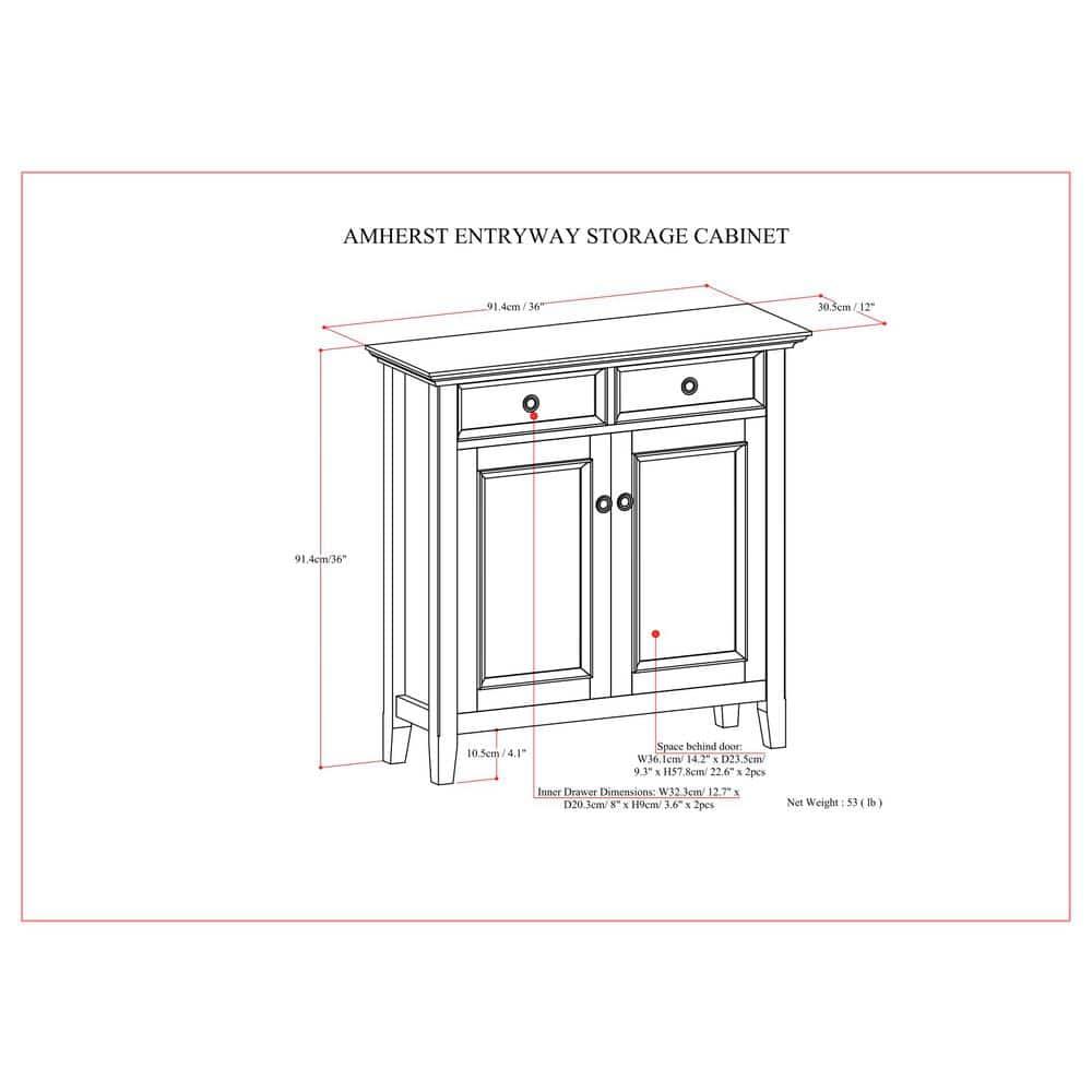 Simpli Home Amherst 36"W Solid Wood 2-Shelf Entryway Storage Cabinet with 2 Drawers and Adjustable Shelves