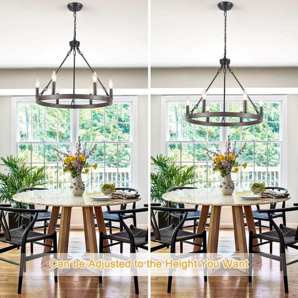 22.04 in. 6-Light Black Rustic Farmhouse Chandelier, Wagon Wheel Chandelier for Dining Room Living Room Bedroom Kitchen Black